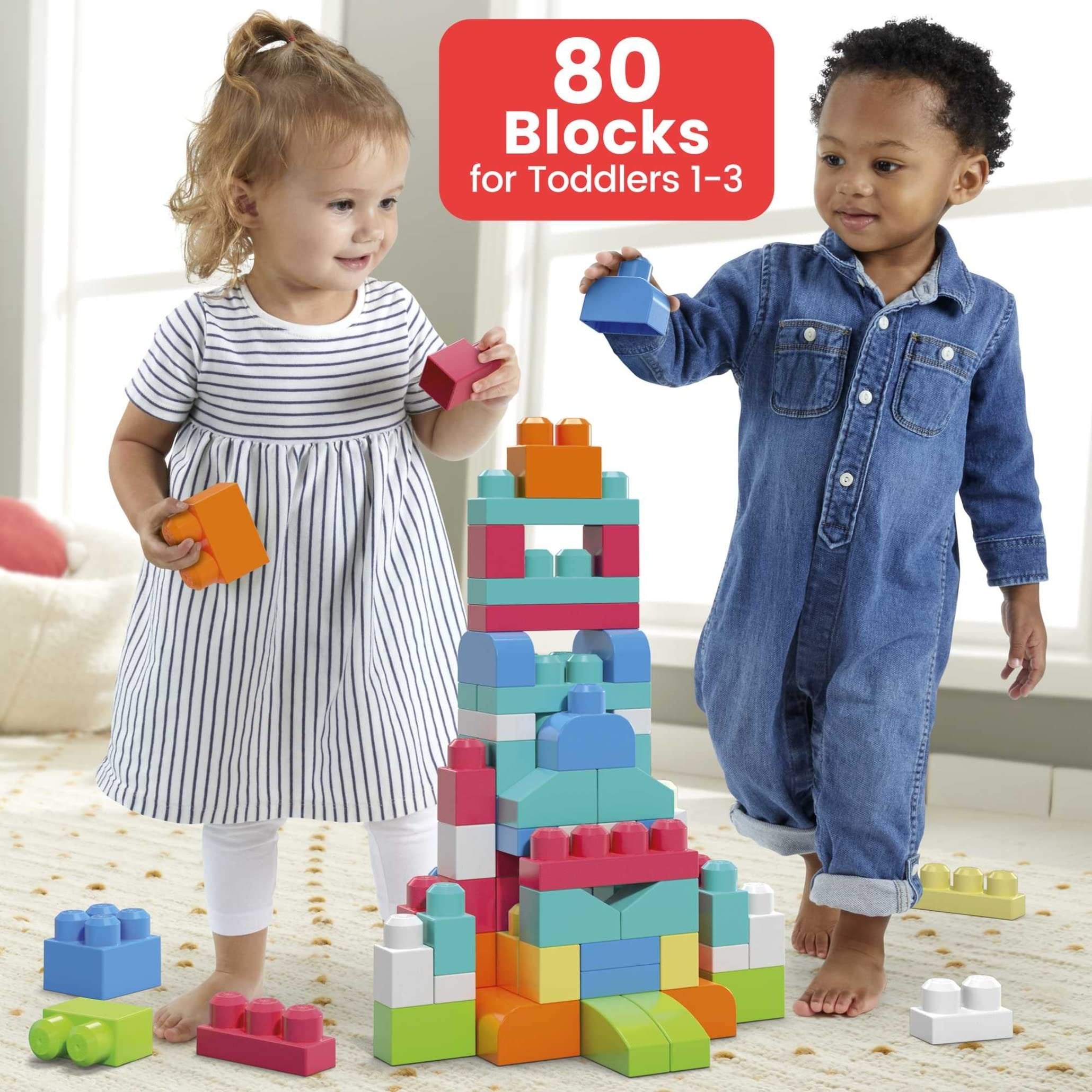 MEGA BLOKS First Builders Toddler Blocks Toys Set, Big Building Bag with 80 Pieces and Storage, Red, Ages 1+ Years