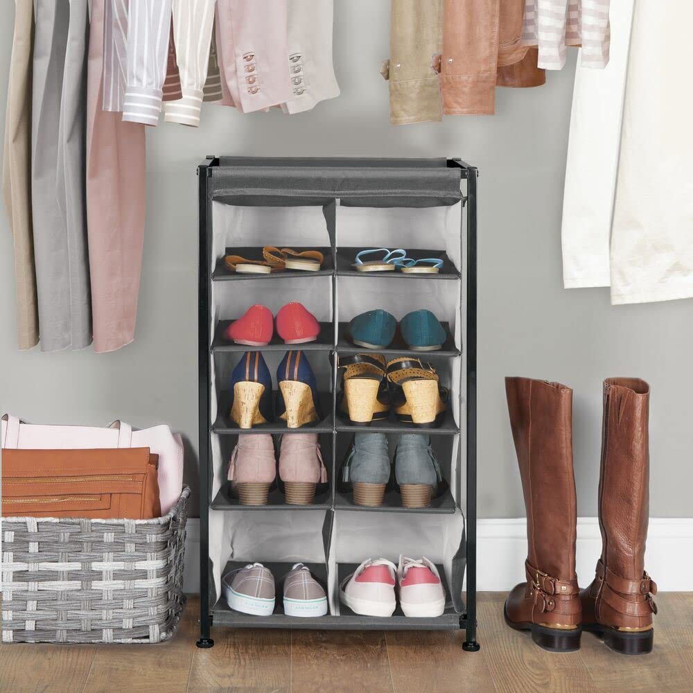 mDesign Soft Fabric Shoe Rack Holder & Organizer - 10 Cube Storage Shelf for Closet, Entryway, Mudroom, Garage, Kids Playroom - Metal Frame, Easy Assembly - Closet Organization - Charcoal Gray