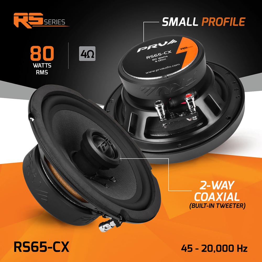 PRV AUDIO 6.5 Inch 2-Way Car Coaxial Speakers 160 Watts per Pair 4 Ohm RS65-CX, Premium Speaker Built-in Neodymium Tweeters with Grill Included - Great for Car Stereo Sound System (Pair)