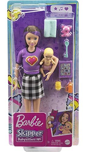 Barbie Skipper Babysitters Inc Doll & Accessories Set with Skipper Doll in Checked Skirt, Baby Doll & 4 Themed Pieces