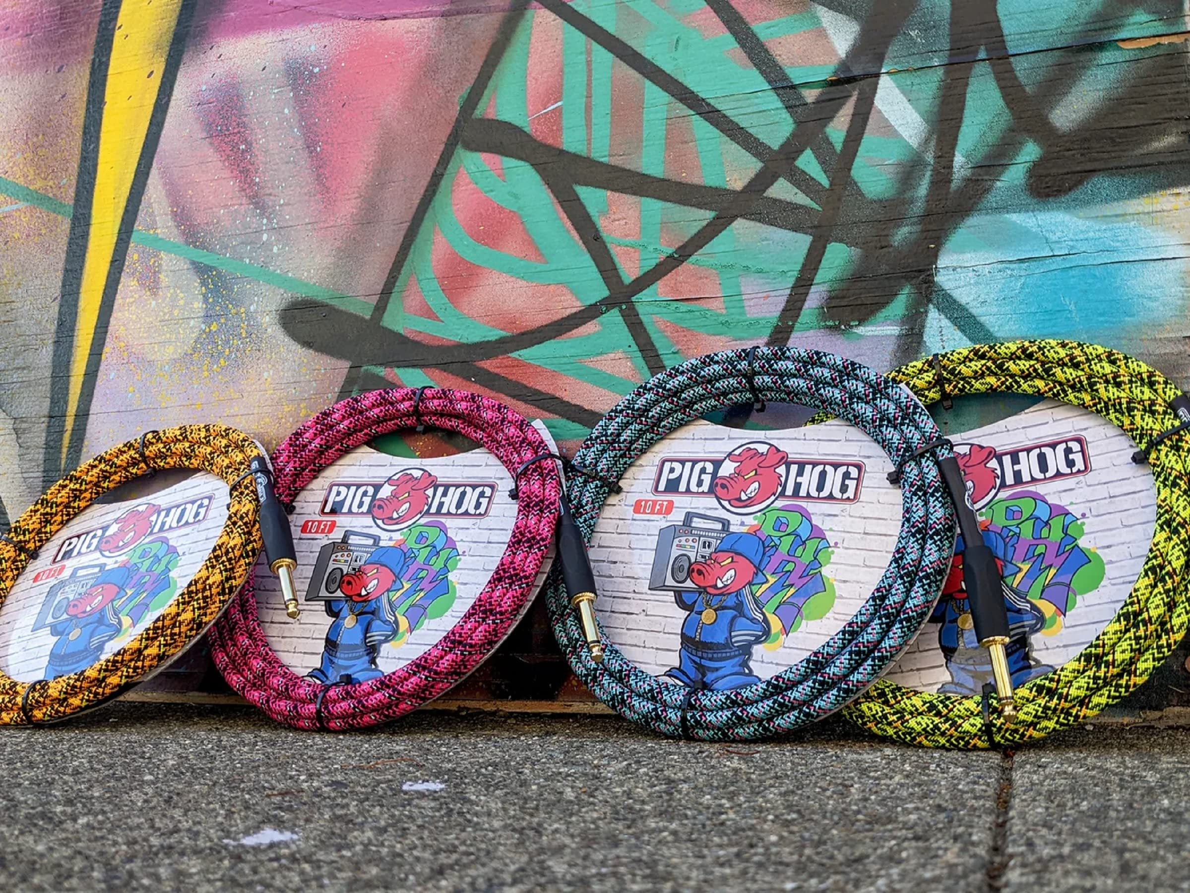 Pig Hog PCH10GYW Yellow Graffiti High Performance Instrumental Cable 10-Feet Straight Unique Woven Outer Covering Gold Plated 1/4" Straight Connectors