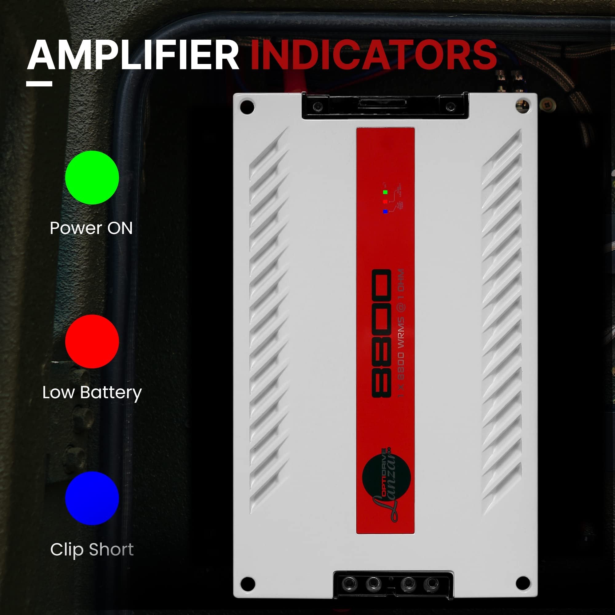 Lanzar One Channel Car Audio Mono Amplifier, 11000 Watt Max @ 1 Ohm High-Powered Mono Car Amplifier with Subsonic Filter and Low Pass Filter, Cooling Fans, White