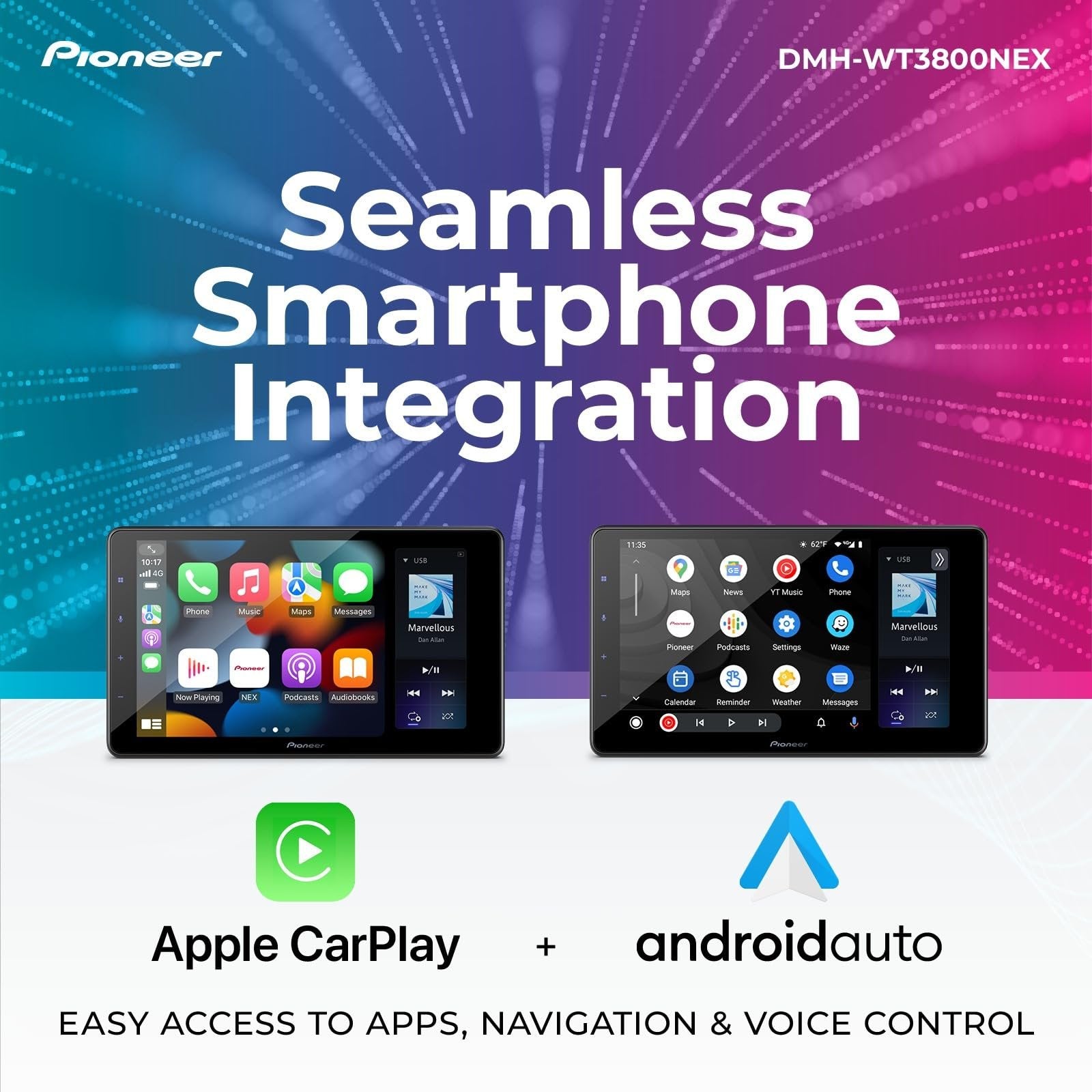 Pioneer DMH-WT3800NEX Digital Multimedia Receiver with Wireless Apple CarPlay and Android Auto, 9” Capacitive Floating Screen, Single-DIN, Built-in Bluetooth and WiFi, Amazon Alexa via App