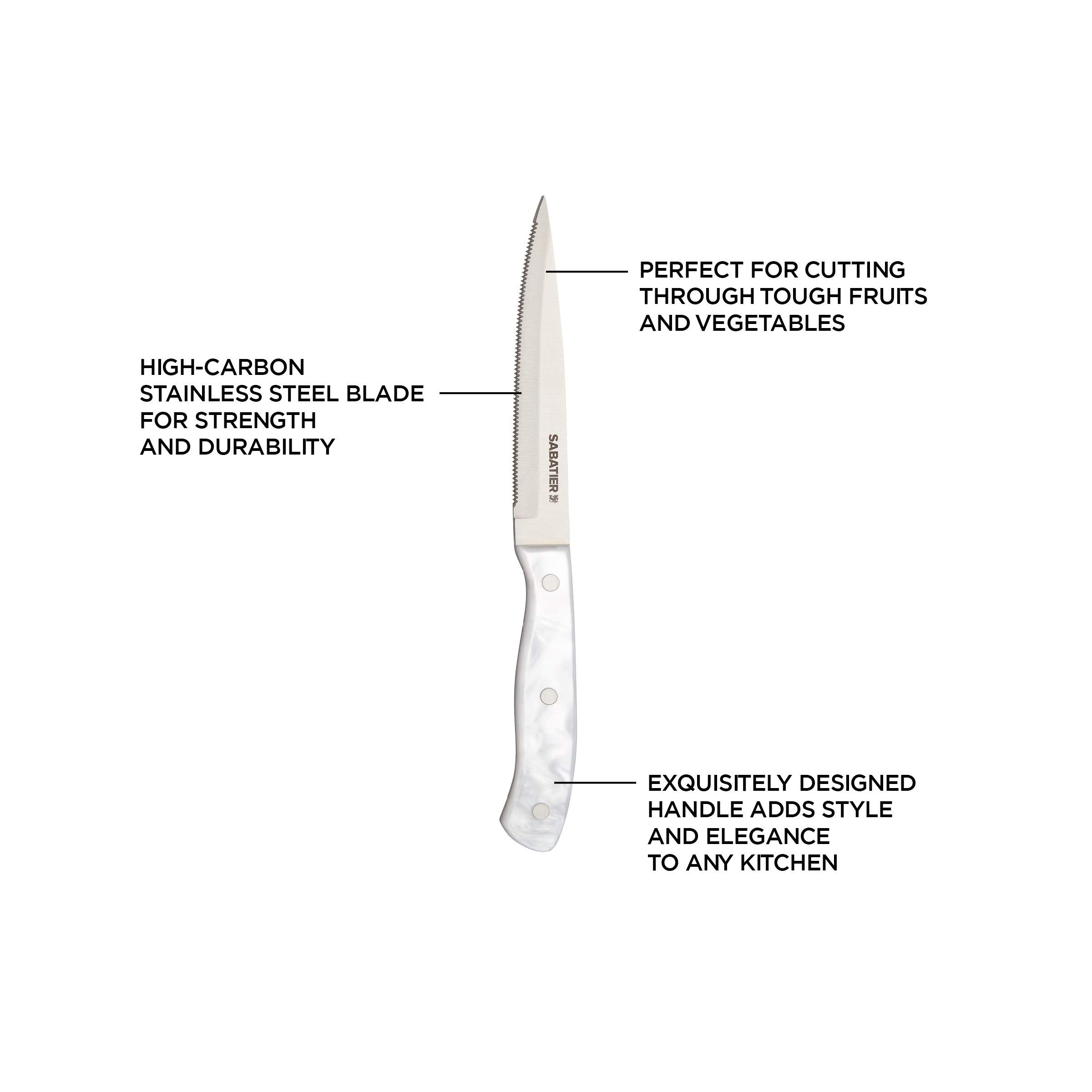 Sabatier Triple Riveted Serrated Utility Knife, 5-Inch, Razor-Sharp Kitchen Knife to Cut Fruit, Vegetables and more, High-Carbon Stainless Steel, White