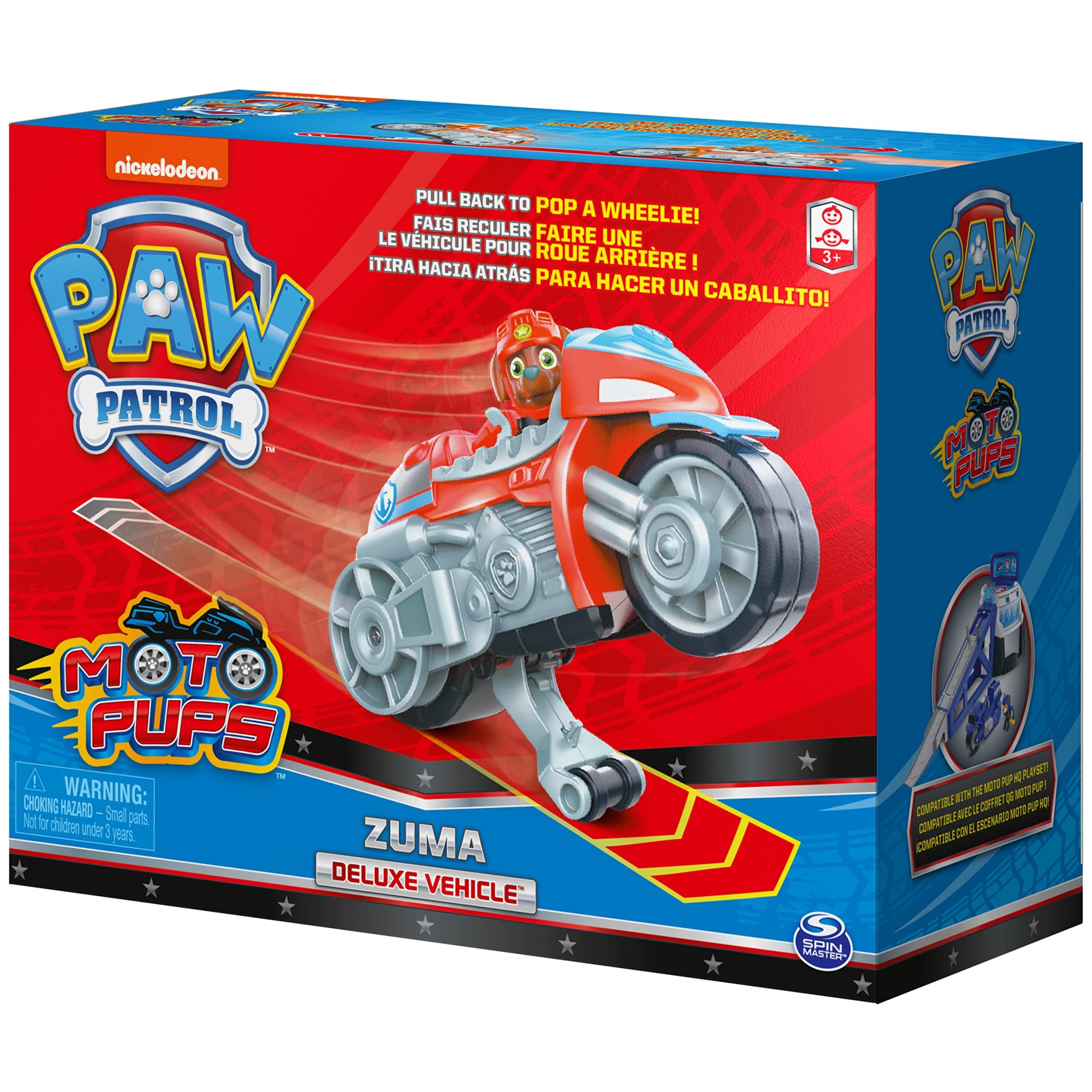 Paw Patrol, Moto Pups Zuma’s Deluxe Pull Back Motorcycle Vehicle with Wheelie Feature and Toy Figure