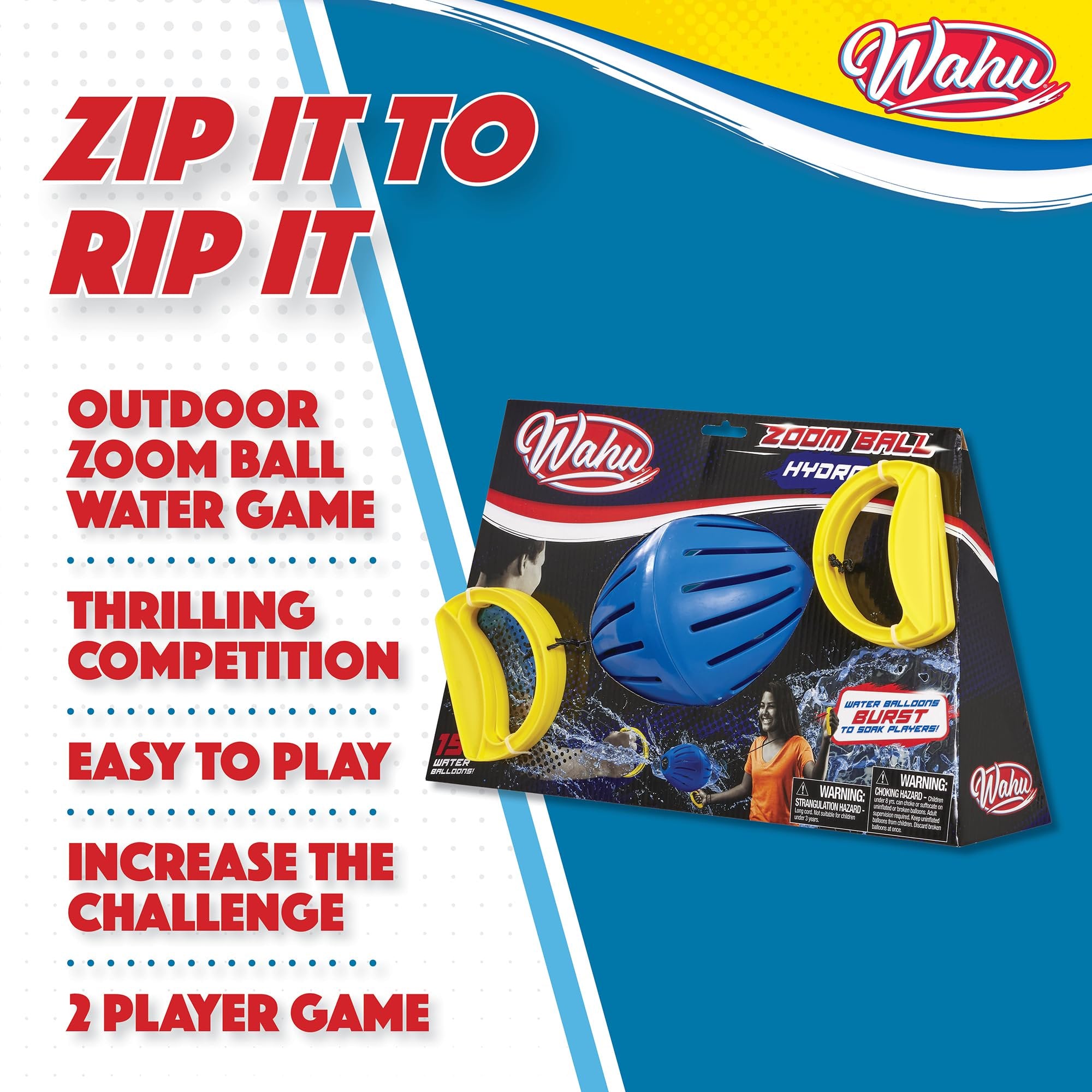 Wahu Zoom Ball Hydro Outdoor Toy with 7" Ball, 2 Handles, and 15 Water Balloons, Ages 8+, Multicolor