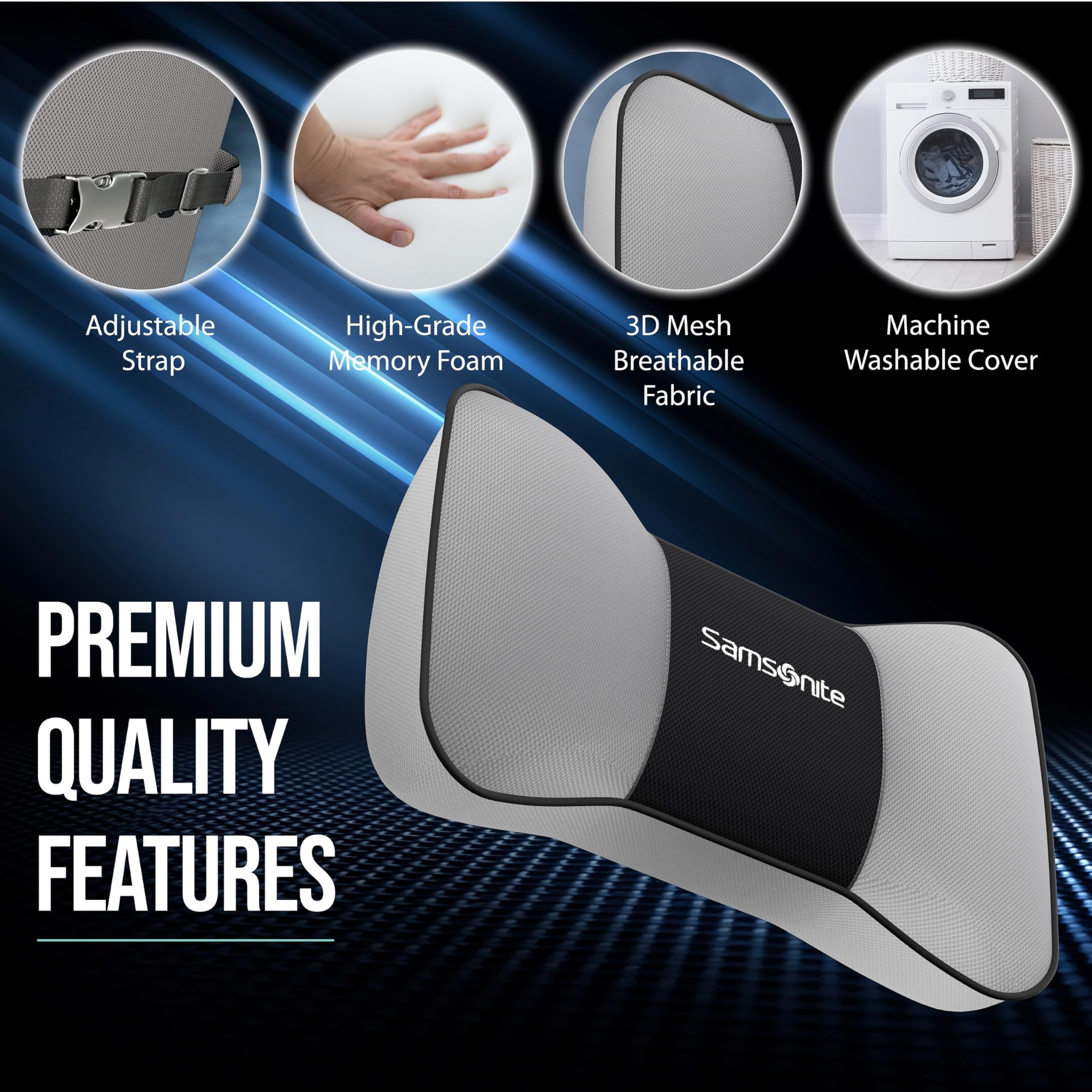 Samsonite Neck Pillow for Car – Ergonomic Memory Foam Headrest Cushion – Car Seat Support for Driving Comfort – Compact Neck Rest – Travel Pillow for Long Road Trips