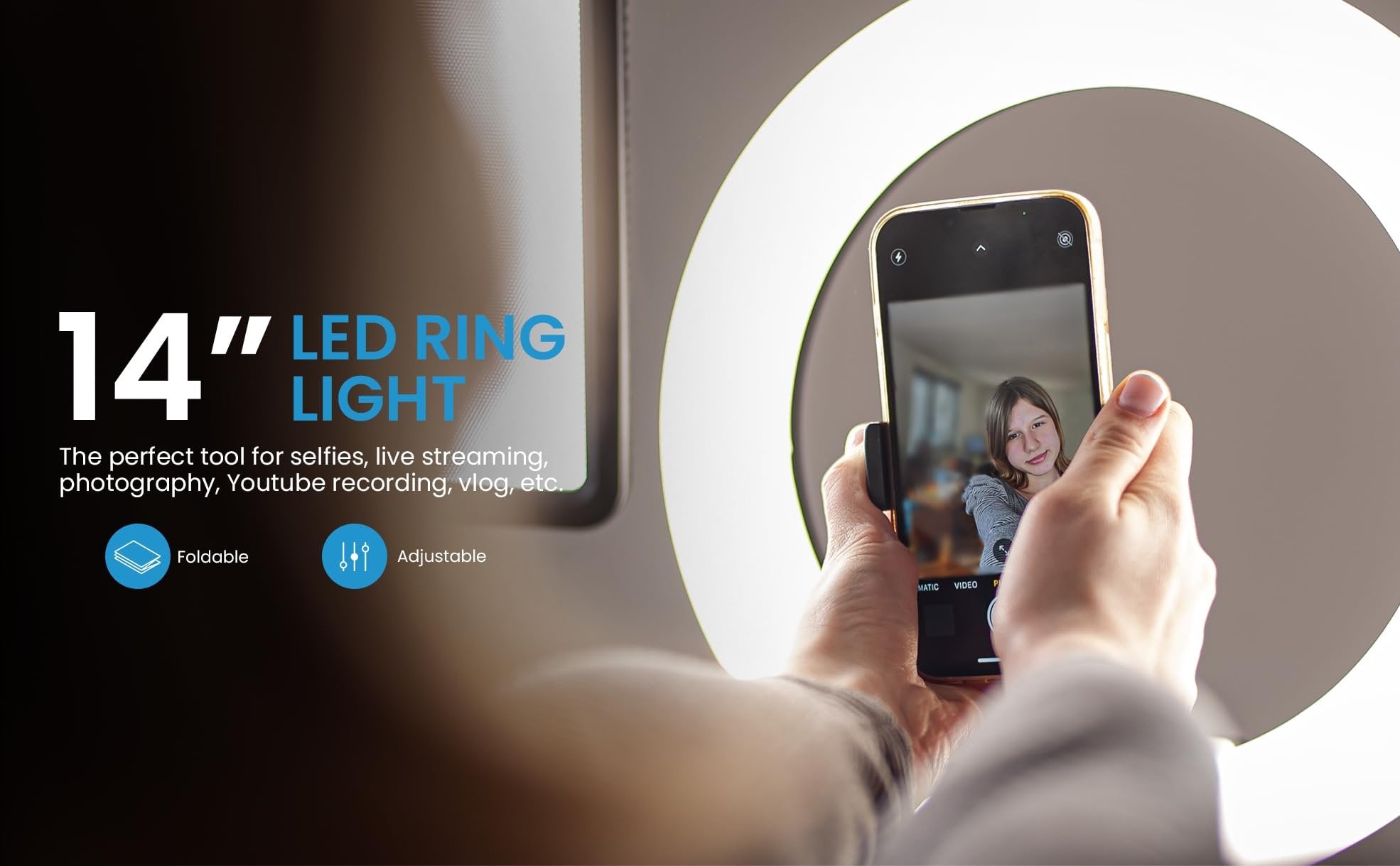 iDance LED Ring Light with Cell Phone Holder, 14", USB Powered with Bluetooth Remote Control and Foldable Adjustable Tripod Stand, Selfie, Makeup Ring Light with Universal iPad Mini Holder