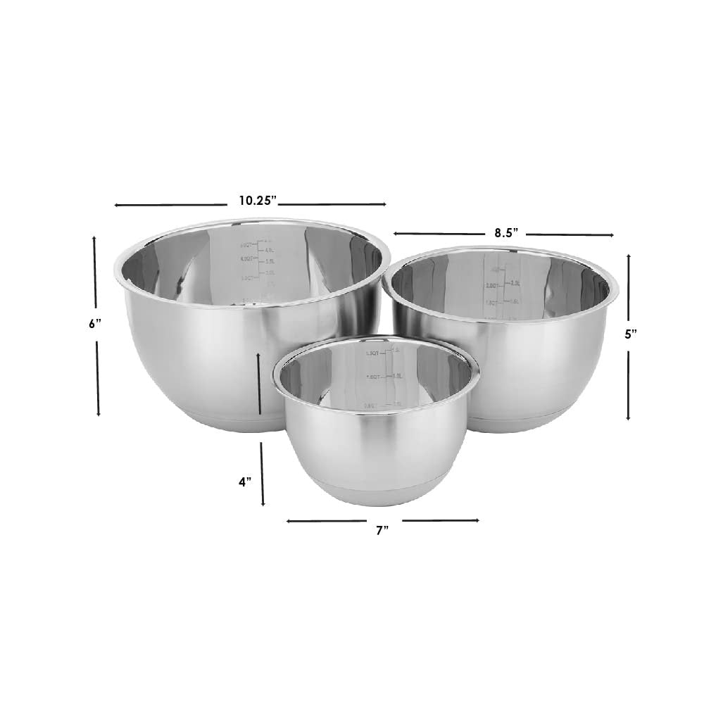 Home Basics 3 Piece Stainless Steel Nesting Mixing Bowls with Rubber Bottoms | Kitchen Essential | High Walls for Easy Mixing | Compact Storage