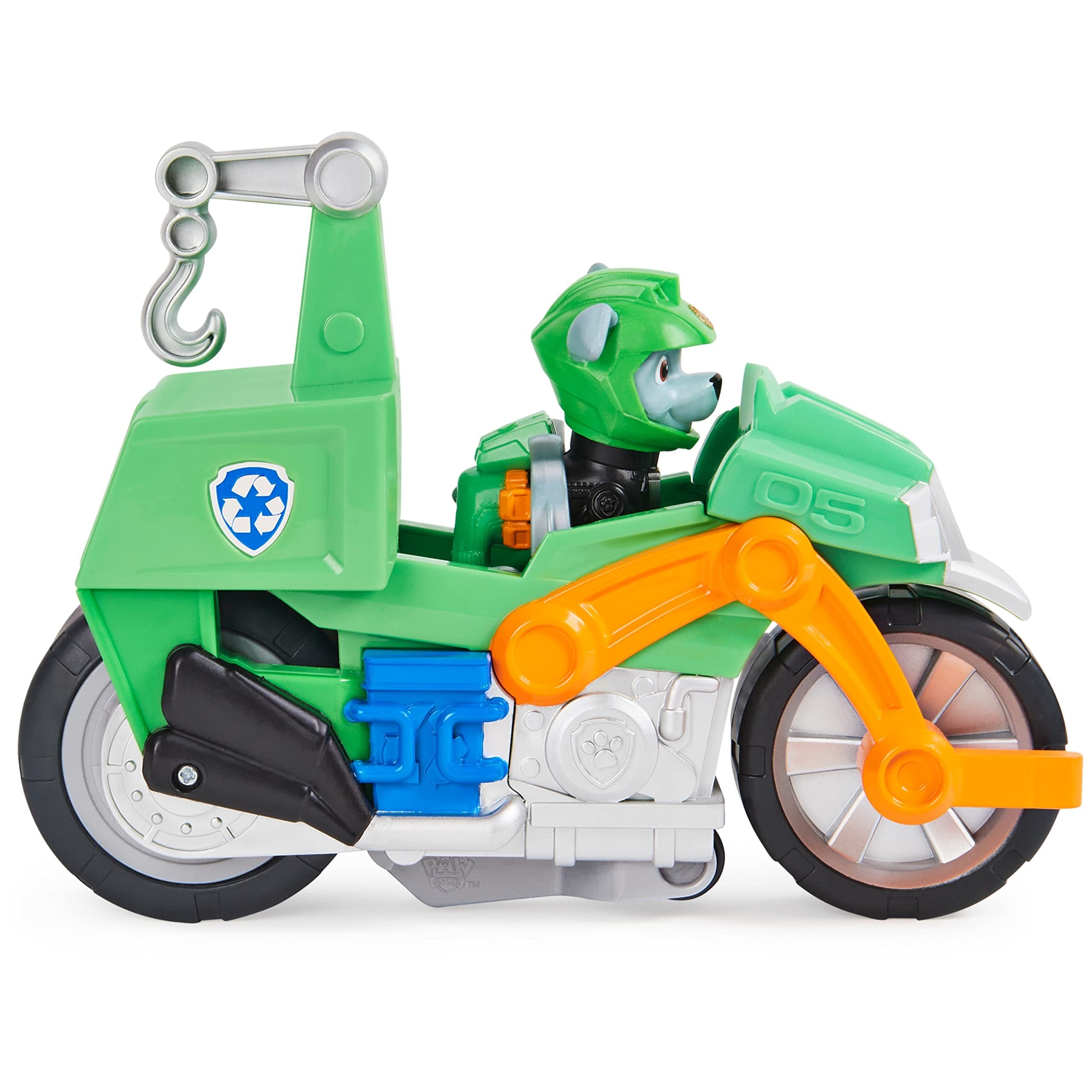 Paw Patrol, Moto Pups Rocky’s Deluxe Pull Back Motorcycle Vehicle with Wheelie Feature and Toy Figure