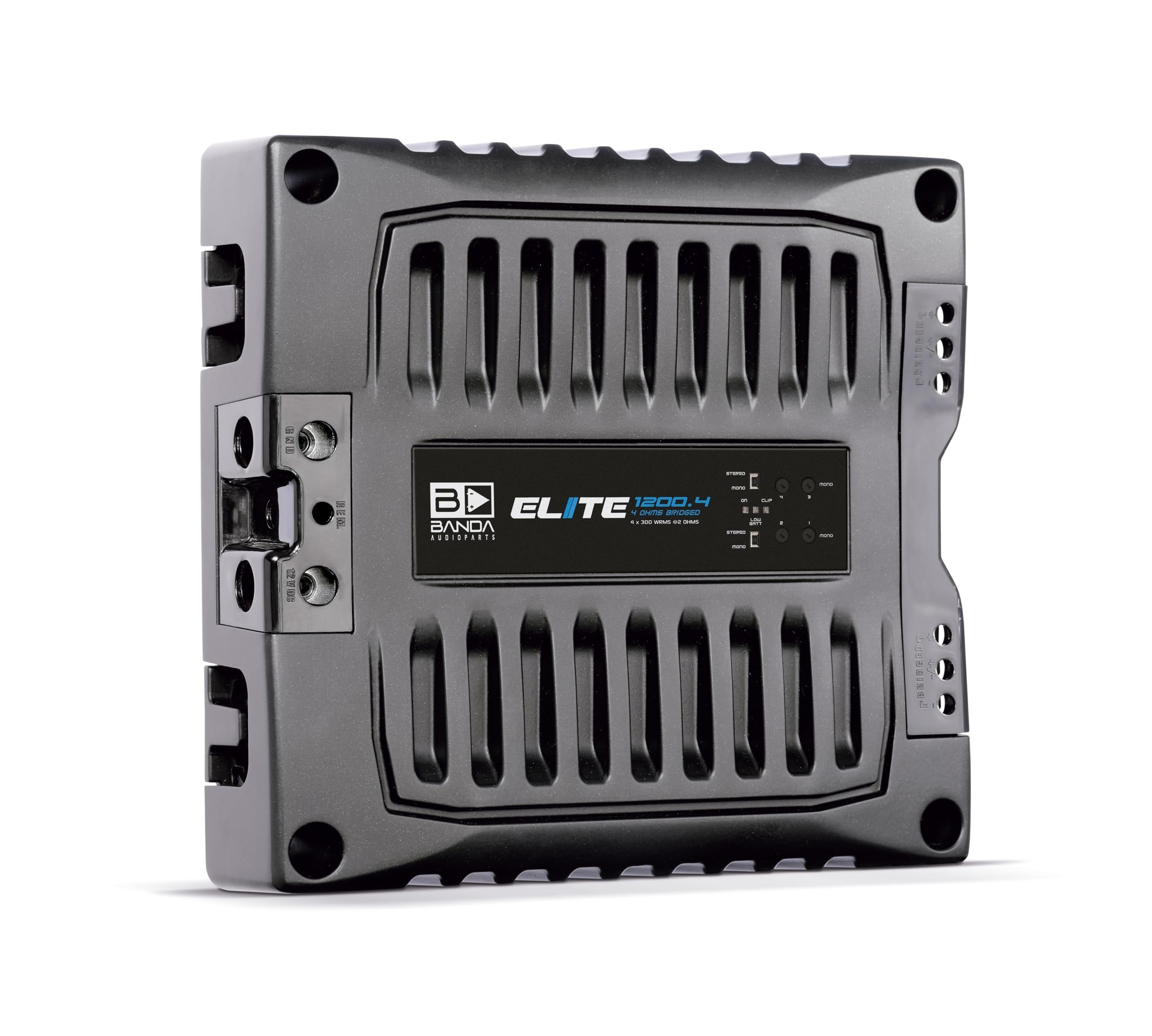 BANDA Audioparts ELITE1200.42OHMS 4-Channel Vehicle Audio Amplifier 4 x 300 Wrms 2-Ohms Car Amp with Highpass Filter and Low Pass Filter - 1200.42OHM