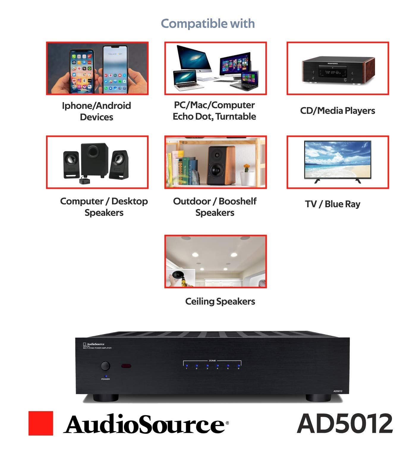 AudioSource Digital Amplifier, 12 Channel Stereo Versatility D Amplifier AD5012 for Home Sound Systems
