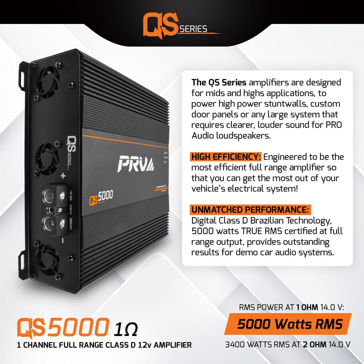 PRV Audio QS5000.1 QS Series Full Range Class D Monoblock Amplifier Compact 1 Channel PRO Car Audio Amp Loudspeakers 5000 Watts RMS at 1 Ohm