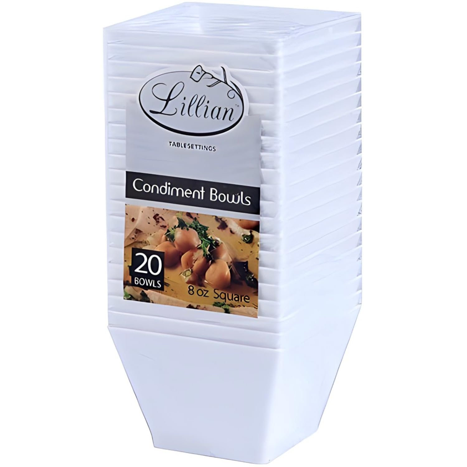 Lillian Tablesettings Plastic 8 oz Rectangles Servingware | Pack of 20 Party Bowls, 3.5 x 3.5 x 1.75 inches, Pearl/White