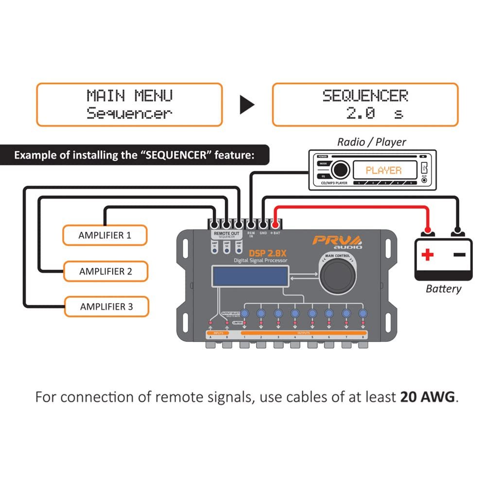 PRV AUDIO Car Audio DSP 2.8X Digital Crossover and Equalizer 8 Channel Full Digital Signal Audio Processor DSP with Sequencer Remote Relay