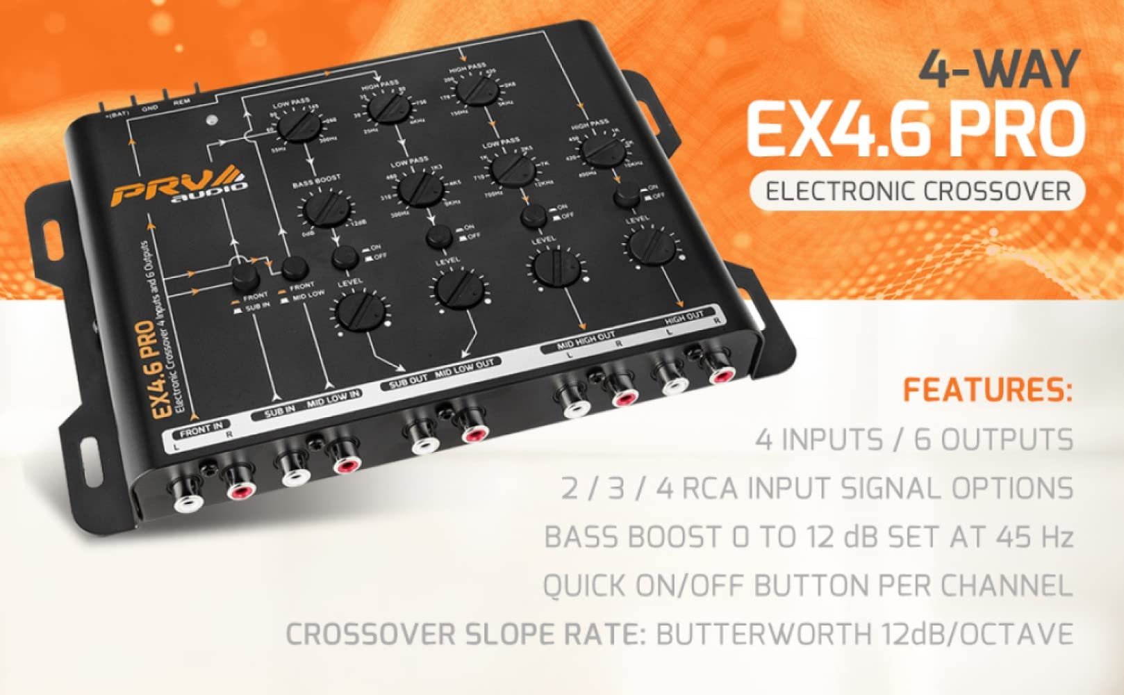 PRV Audio Crossover Car Audio EX4.6 PRO 4 Way or 3 Way Electronic Crossover 9 Volts, 4 in 6 Out RCA Channels Car Sound Processor - EX4.6PRO