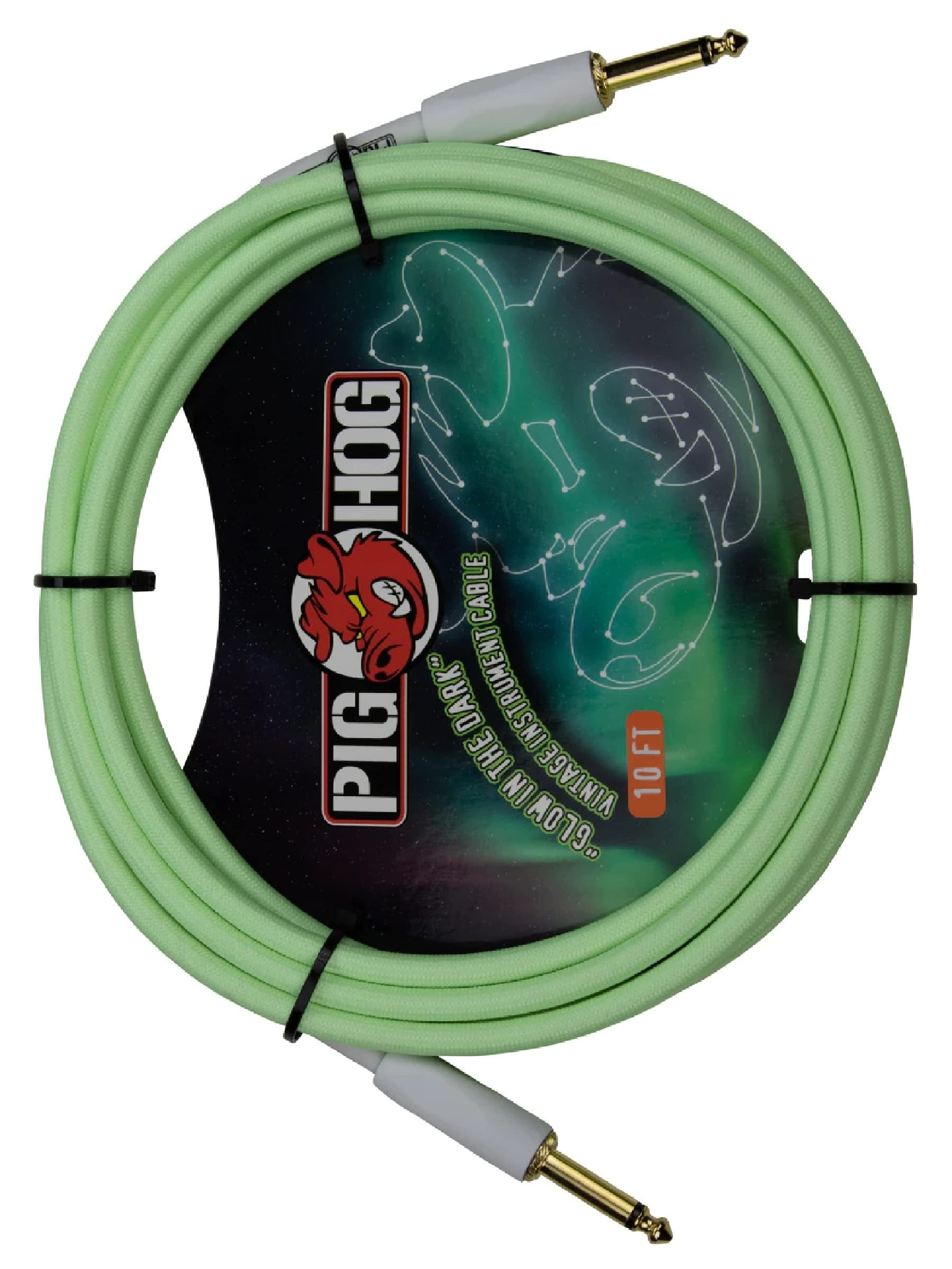 Pig Hog PCH10GLO Glow in The Dark Instrument Cable 10-Feet Unique Woven Outer Covering Gold Plated 1/4" Connectors