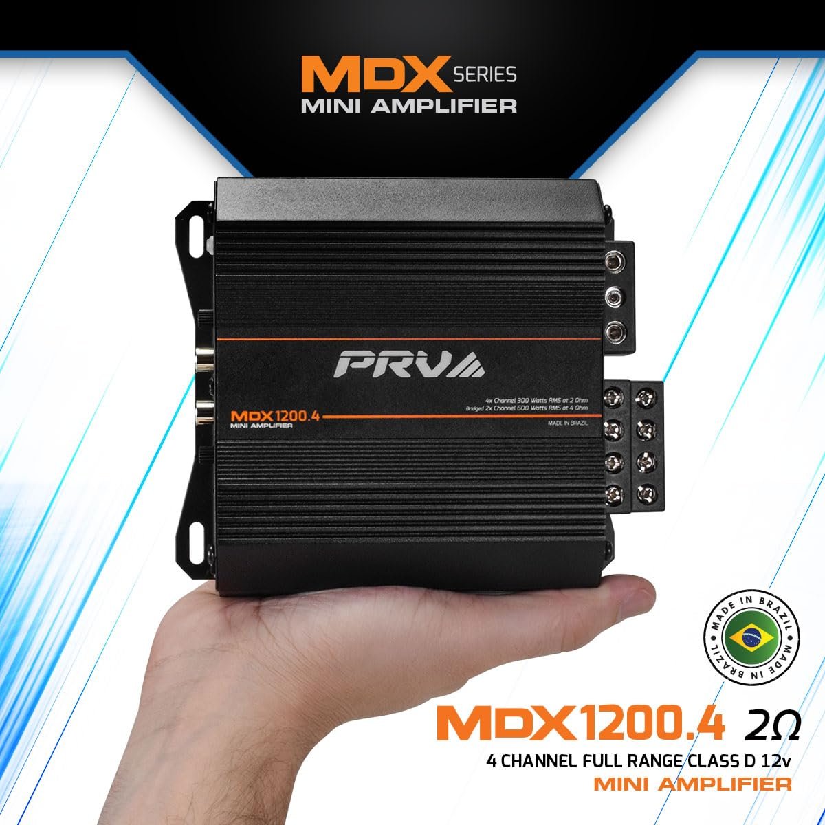 PRV Audio MDX1200.4 2 Ohm Mini 4 Channel Car Audio Amplifier 4 x 300 Watts RMS at 2 Ohm - 1200 Watt 12 Volts Bridgeable Amp for Powersports, Motorcycles, ATV, for High Power Stereo Speaker Systems