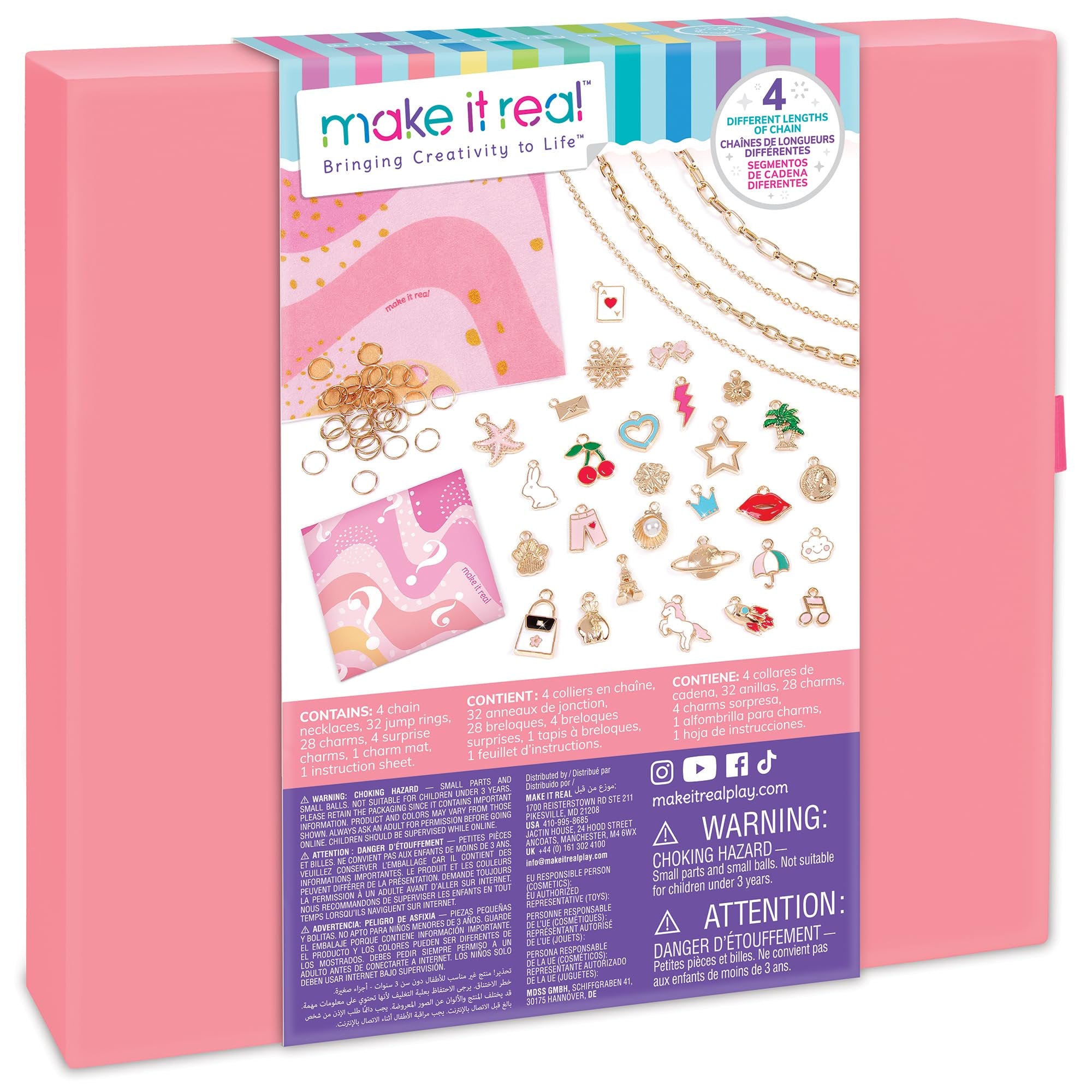 Make It Real: Handful of Charm - 70 pc DIY Jewelry Set, 4 Chain Lengths, Design & Create, Charm Necklace & Bracelet Craft Kit, Girls & Kids Age 8+