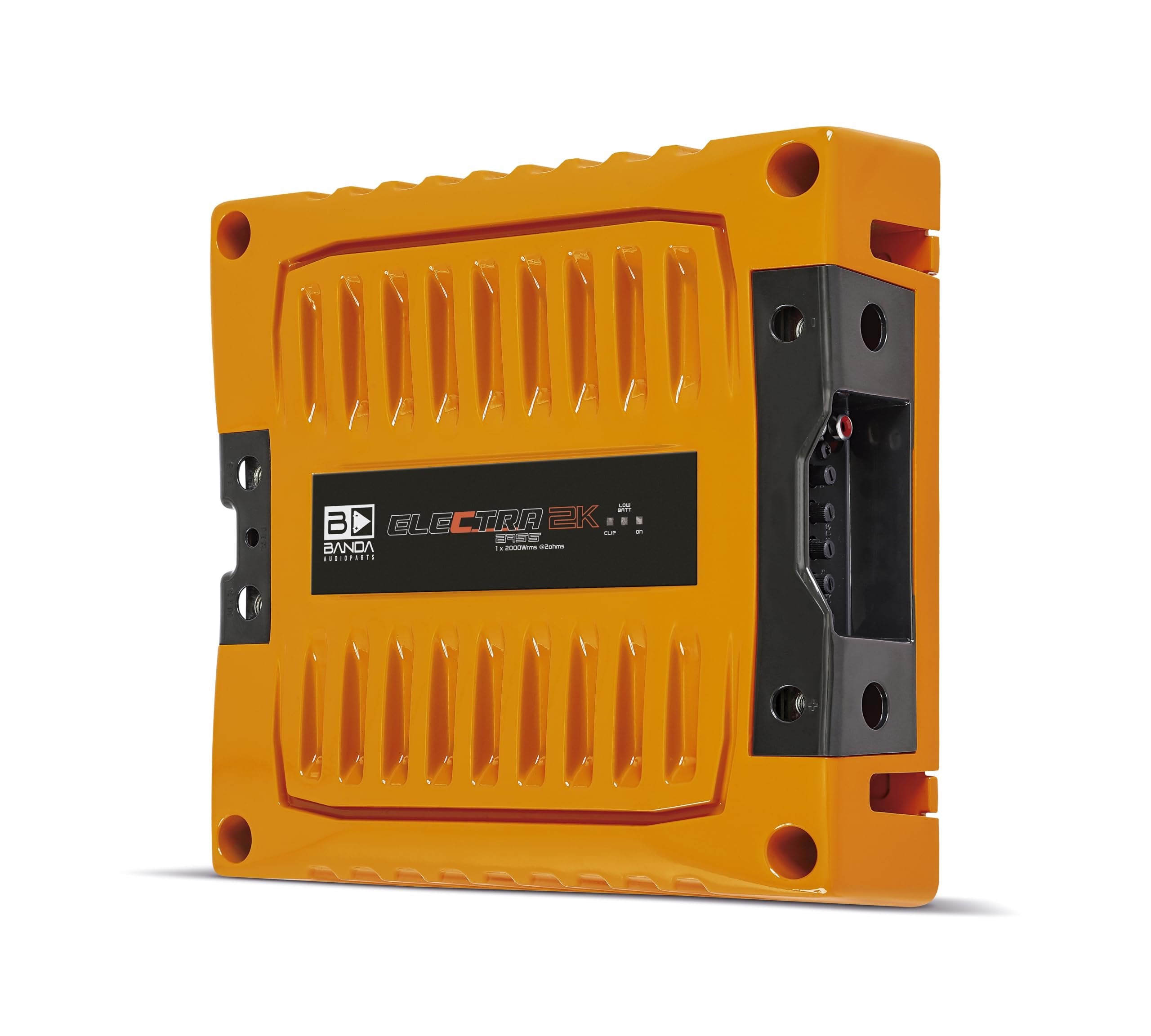 1-Channel Vehicle Audio Bass Amplifier - High-Powered Mono Bass Amplifier w/Subsonic Filter and Low Pass Filter Stable at 2 ohms, LED Indicators, Sound Specialization, Orange - BANDA 2K2OHMORANGE