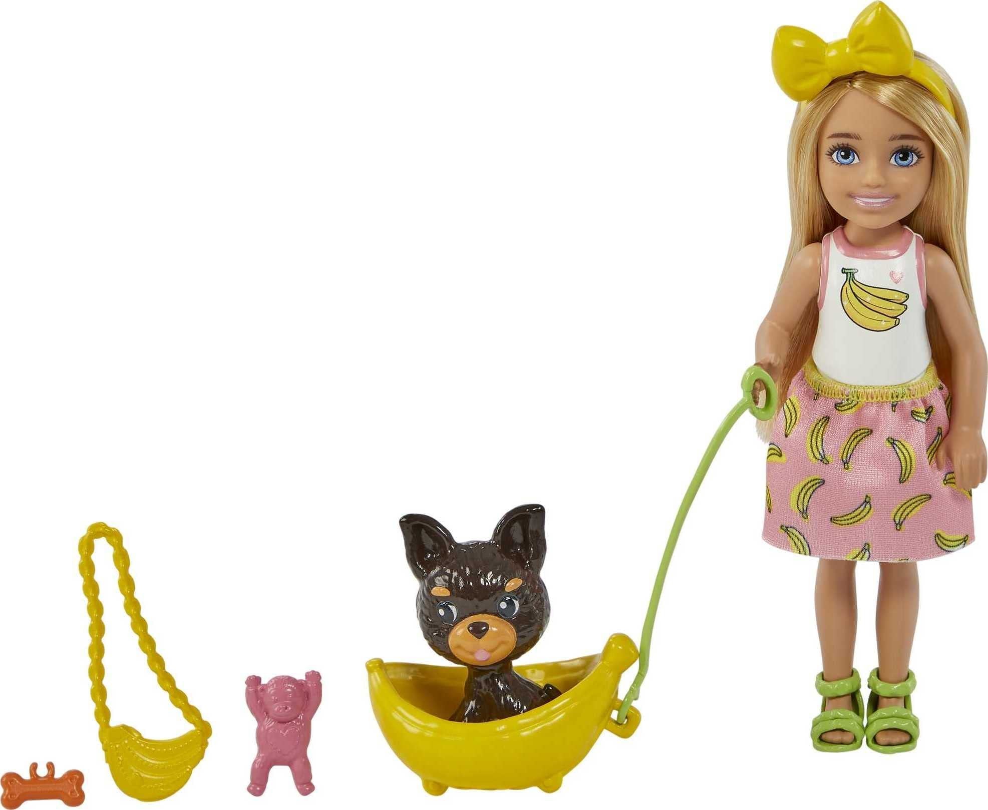 Barbie Chelsea Doll & Accessories, Blonde Small Doll with Removable Banana-Print Skirt, Puppy, Pet Bed & More