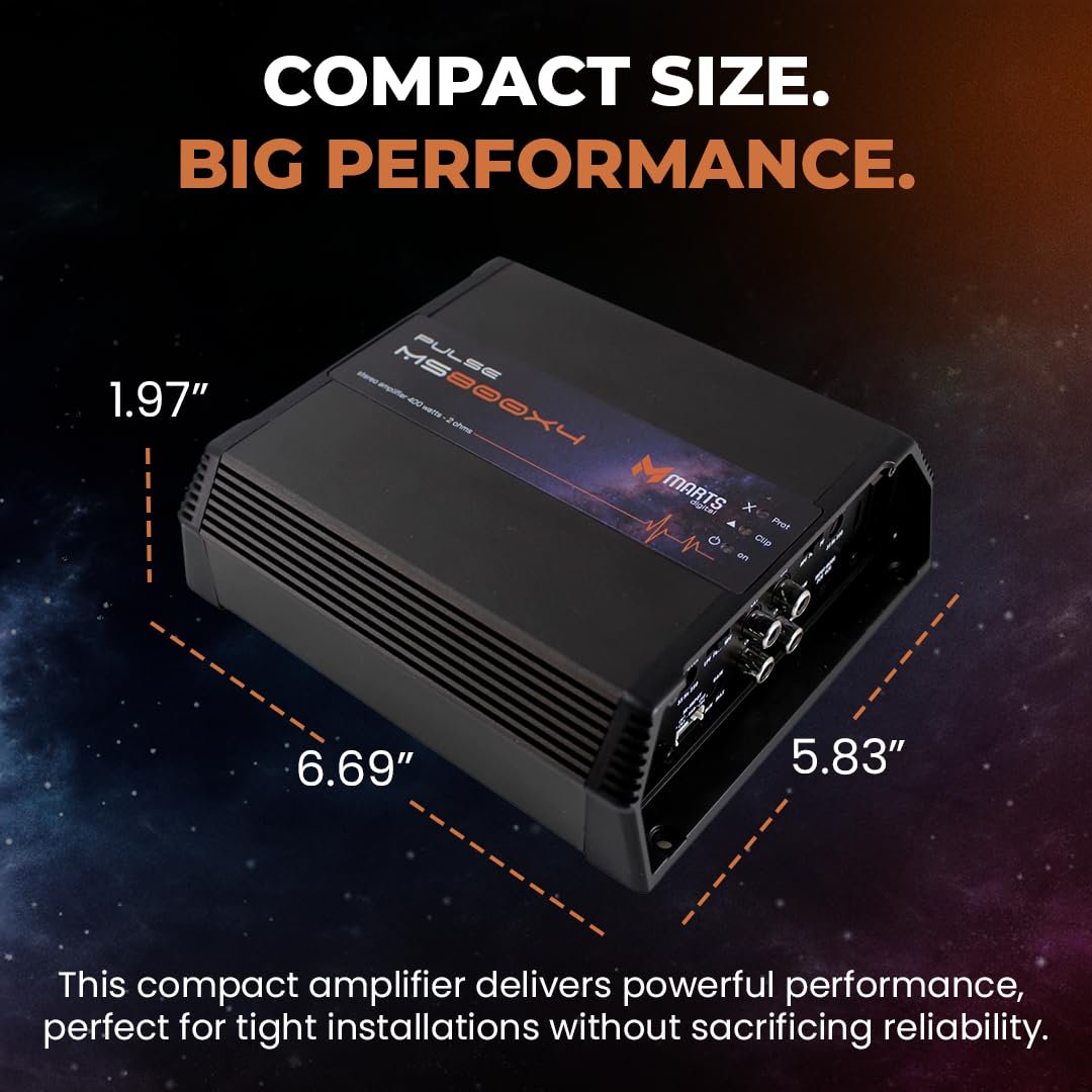 Marts Digital MS800X4 4 Channel Class D Amplifier | 800W RMS 2 Ohm | Full-Range Sound | High Efficiency | Low Heat Output | Compact Power Design | Bridge Channels | Car Audio Upgrade