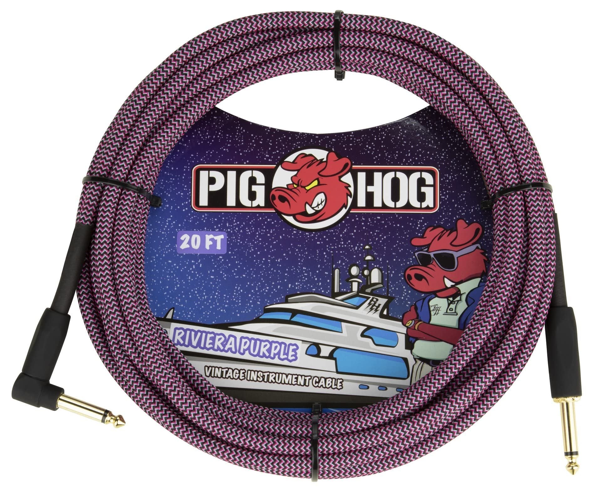 Pig Hog PCH20RPPR 20-Foot Riviera Purple Instrument Vintage Cable 1/4"-1/4" Right Angle Connectors