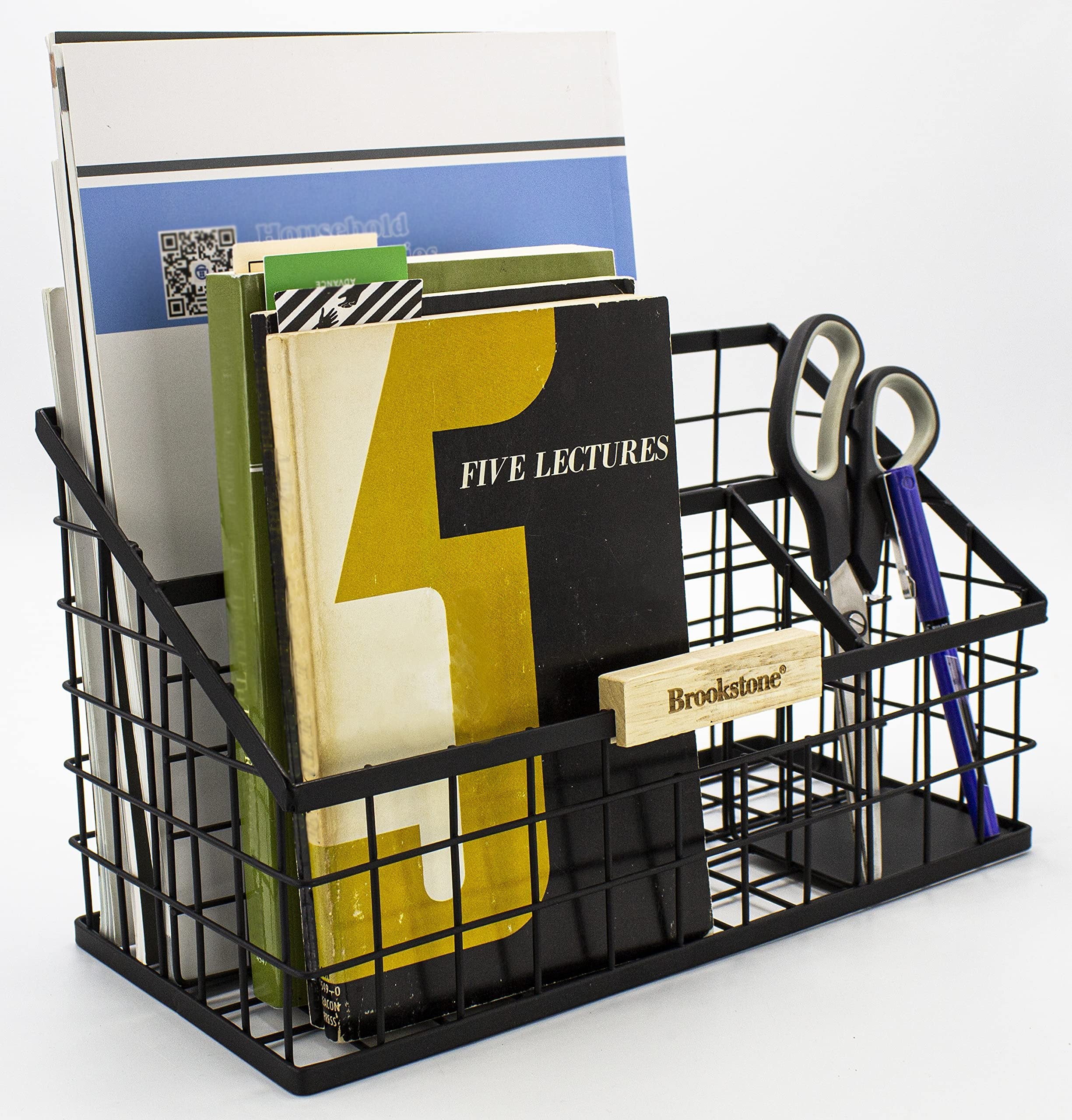 Brookstone BKH8002, Desk Organizer, Sectional Office Pen Caddy, Stockholm Desktop Collection, Black Finish Steel Pencil Holder