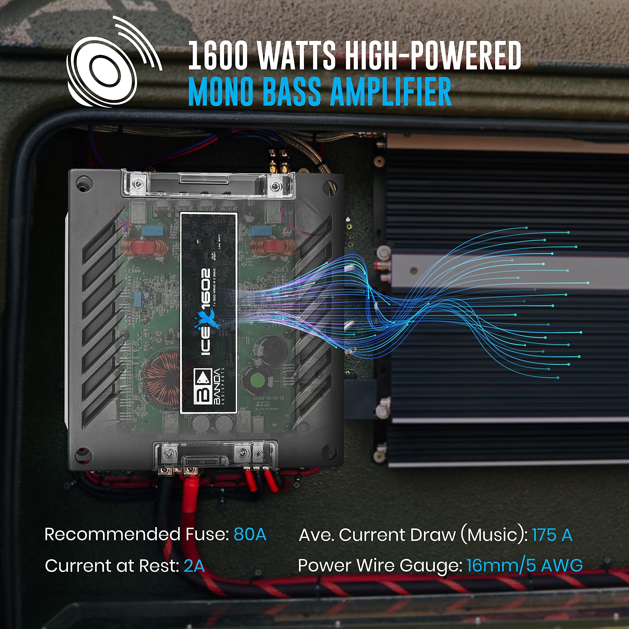 1-Channel Vehicle Audio Bass Amplifier - 1900 Watts High-Powered Mono Bass Amplifier w/Subsonic Filter and Low Pass Filter Stable at 2 ohms, LED Indicators, Sound Specialization - BANDA ICEX1602