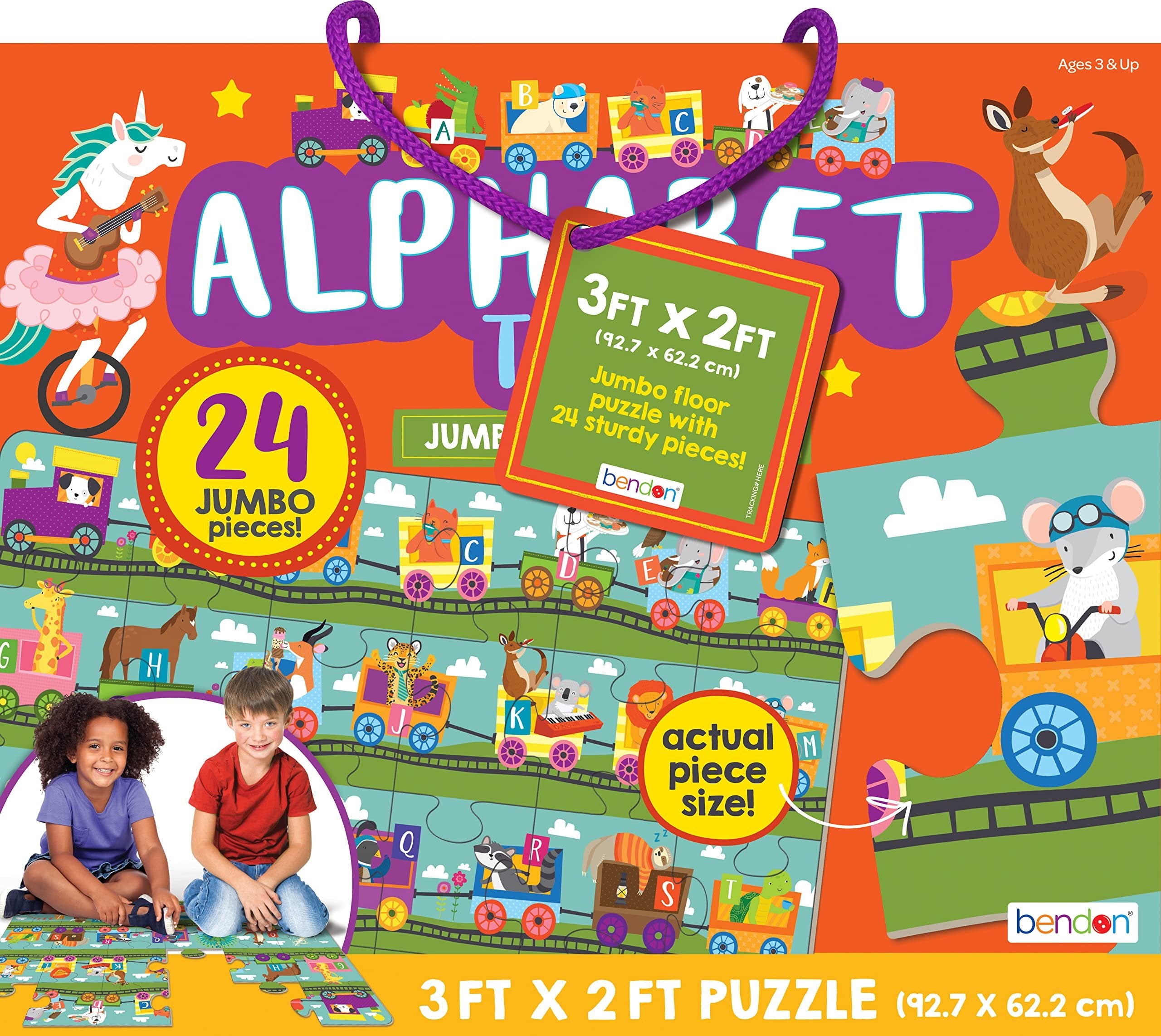 Bendon Alphabet Letter Train Shaped Jumbo Jigsaw Floor Puzzle (24 pcs, 3 x 2 feet Long) - Kids Vehicle Puzzles, Large Floor Puzzles for Preschoolers and Kids Ages 3+