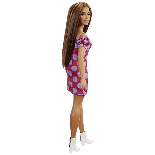 Barbie Fashionistas Doll #171, Curvy, Vitiligo, Long Brunette Hair, Off-Shoulder Polka Dot Dress, Purple Purse, White Boots,Toy for Kids 3 to 8 Years Old