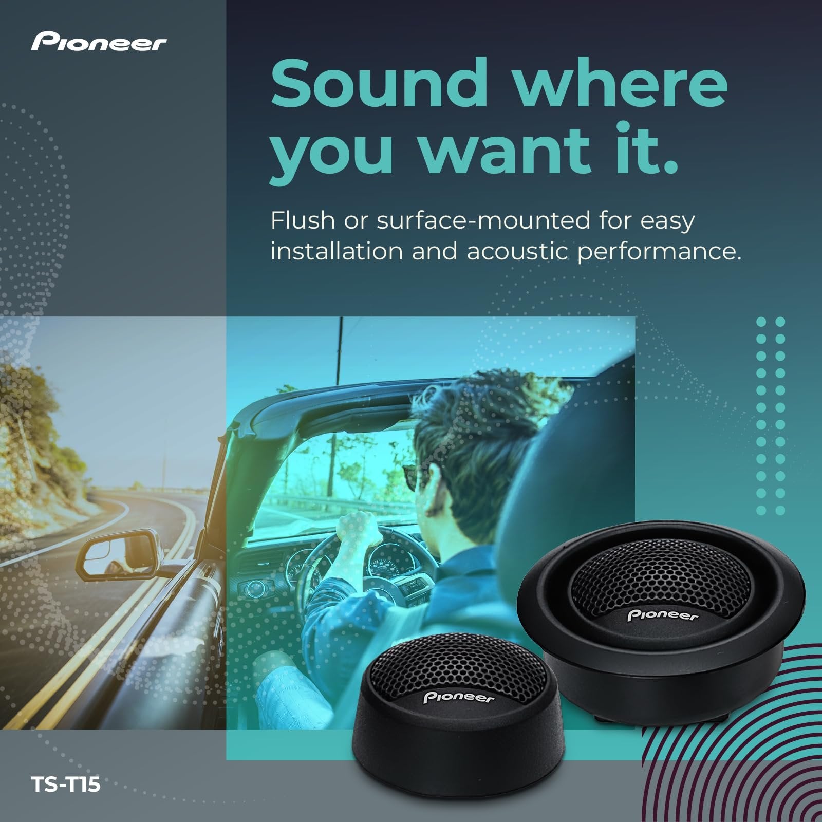 Pioneer TS-T15 3/4” Soft Dome Tweeter Car Speakers, Smooth Upper Range, Clear Sound Quality, Flush and Surface Mounting Capabilities, Pair with Midrange Drivers and Subwoofers for Full Sound (Pair)