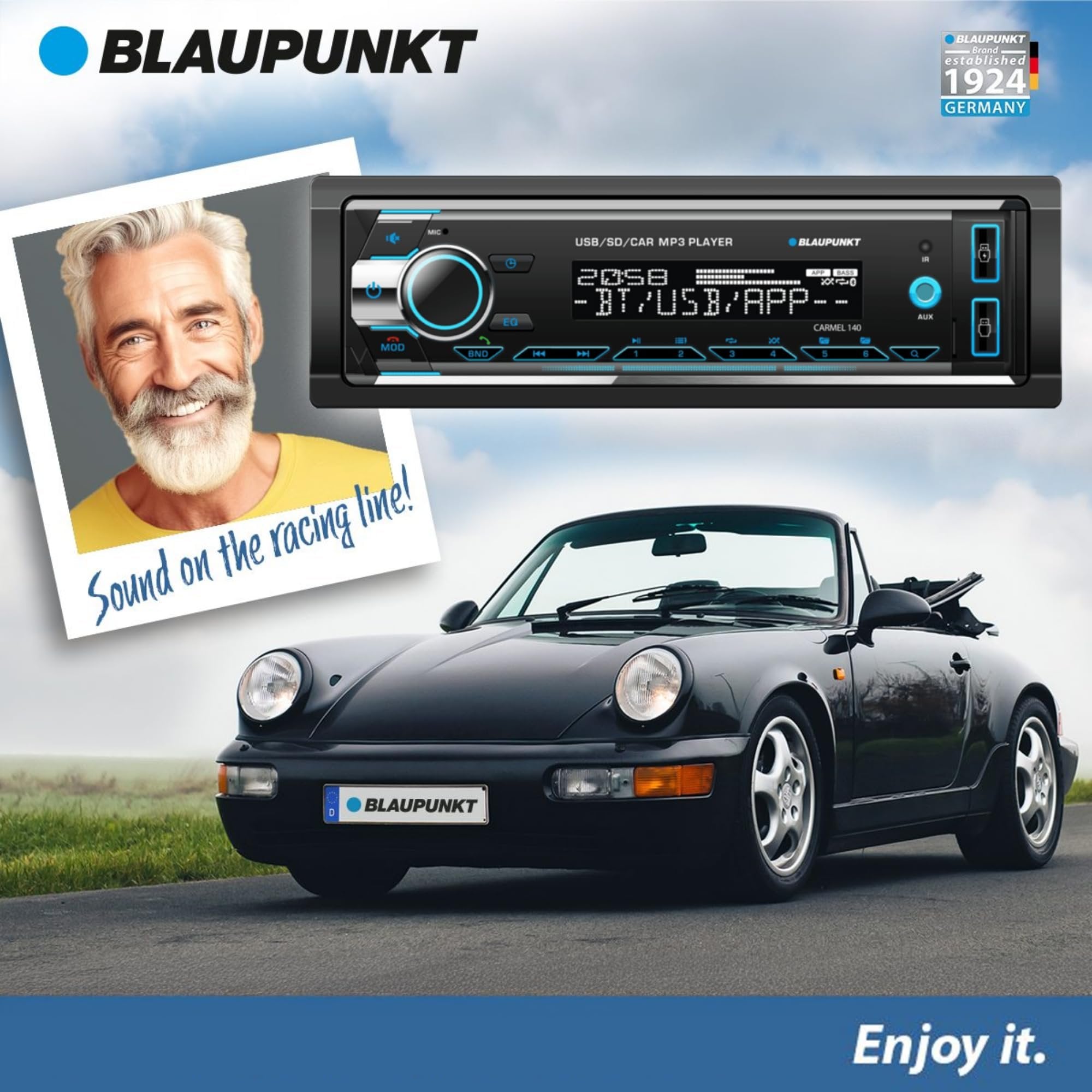 Blaupunkt Carmel 140 Bluetooth Car Stereo - 2 USB Ports, SD Card Slot, AM/FM Radio, USB Charging, Detachable Frontplate