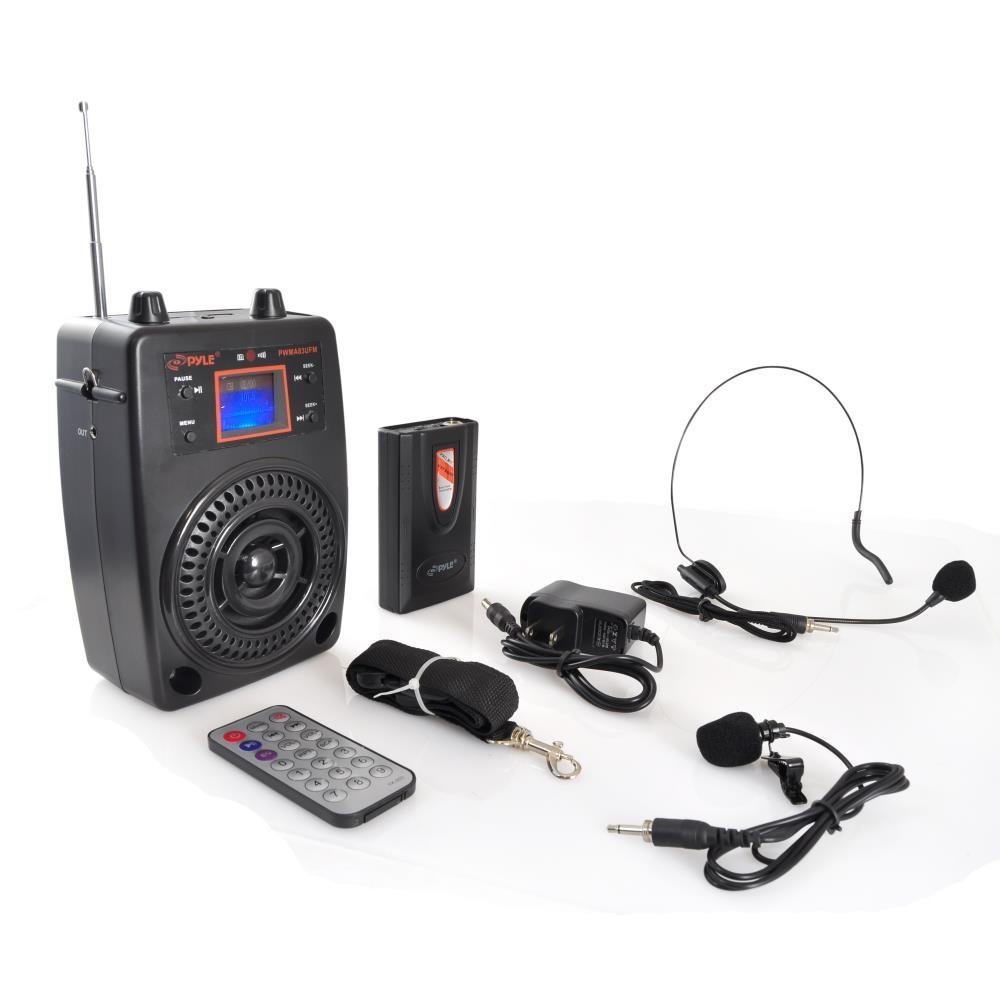 Pyle Portable PA System, Wireless Microphone Kit, Compact Stereo System, FM Radio, LCD Display, USB, Rechargeable Battery, includes Lavalier Microphone Headset, Outdoor Surround Sound (PWMA83UFM)