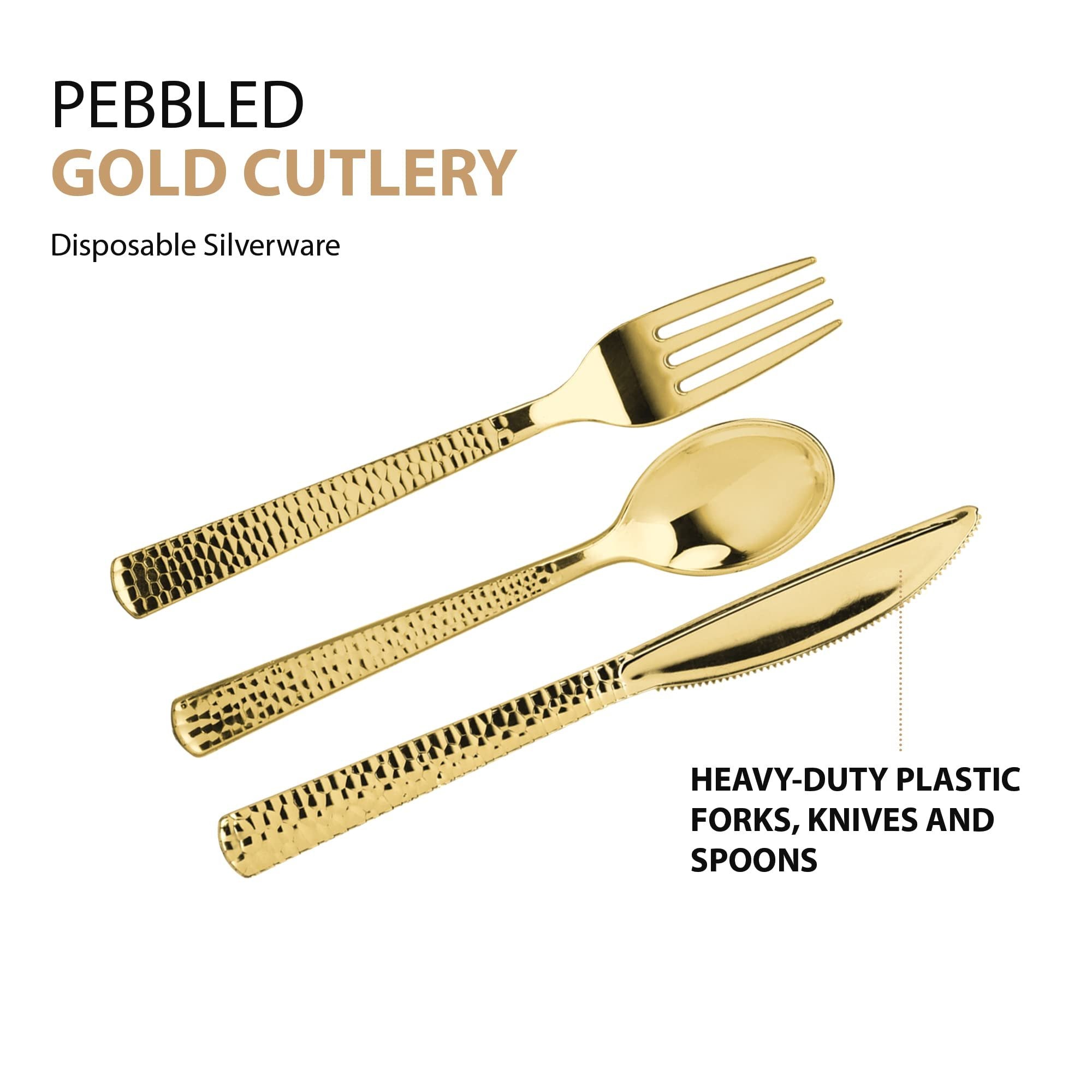 Plastic Cutlery Silverware Extra Heavyweight Disposable Flatware, Full Size Cutlery Combo, Gold Pebbled, 80 Forks, 40 Spoons, 40 Knifes, Value Pack 160 Count