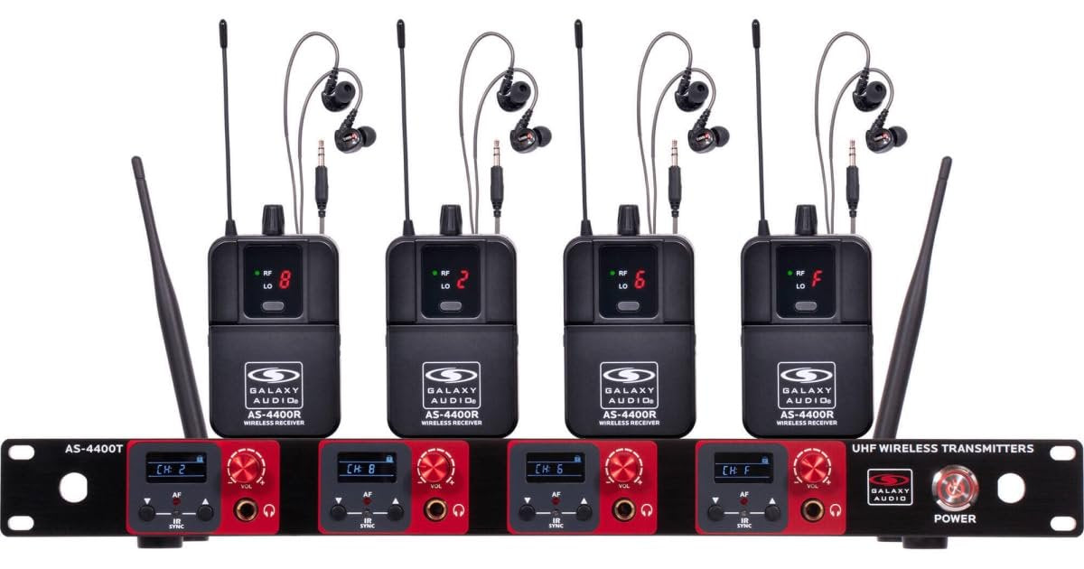 Galaxy Audio AS-4400 Quad UHF Wireless in-Ear Monitoring System - M3 (506MHz-534MHz) | Rackmount Quad Transmitter, 16 Selectable Channels, 4 Bodypack Receivers, and 4 Earbud Sets for Professional