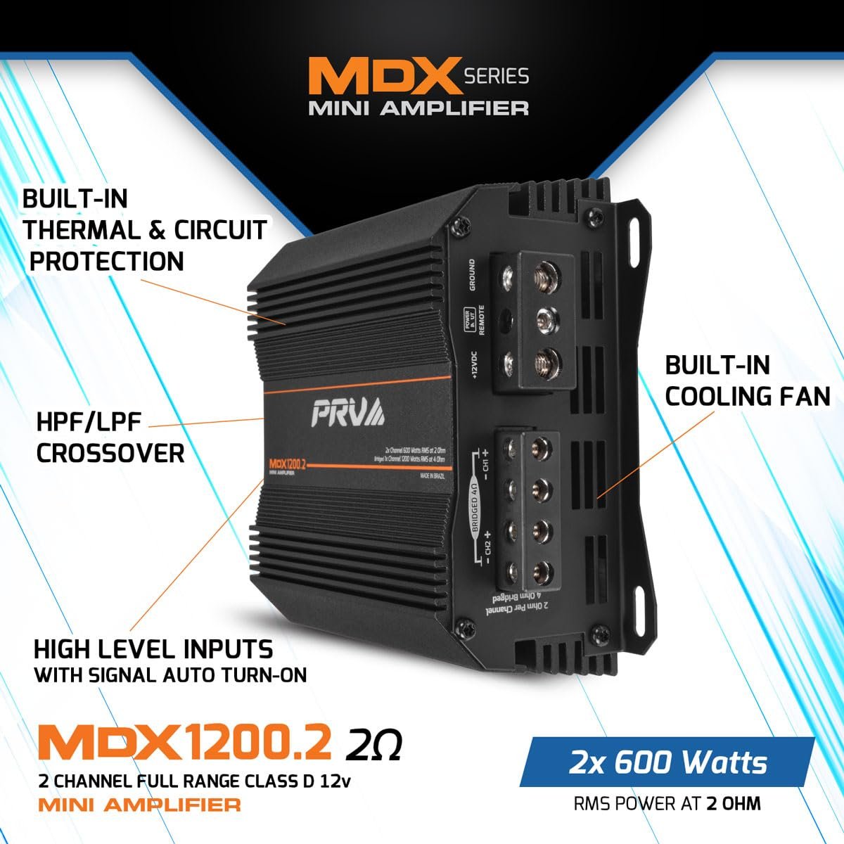 PRV Audio MDX1200.2 2 Ohm Mini 2 Channel Car Audio Amplifier 2X 600 Watts RMS at 2 Ohm - Bridged 1CH 1200 Watt at 4 Ohm for Powersports, Motorcycles, ATV, for High Power Stereo Speaker Systems