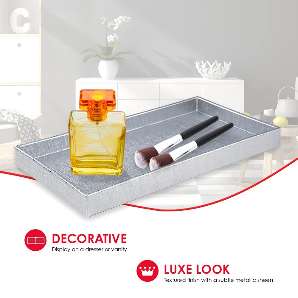 Home Basics Vanity Tray for Makeup, Jewelry, Perfume, Cosmetics Storage, Bathroom Organizer (Horizontal, Metallic Weave)