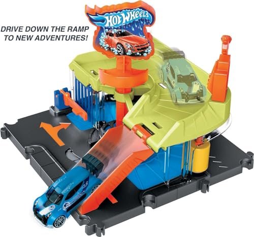 Hot Wheels City Toy Car Track Set, Downtown Express Car Wash Playset with 1:64 Scale Vehicle, Foam Roller & Drying Flaps