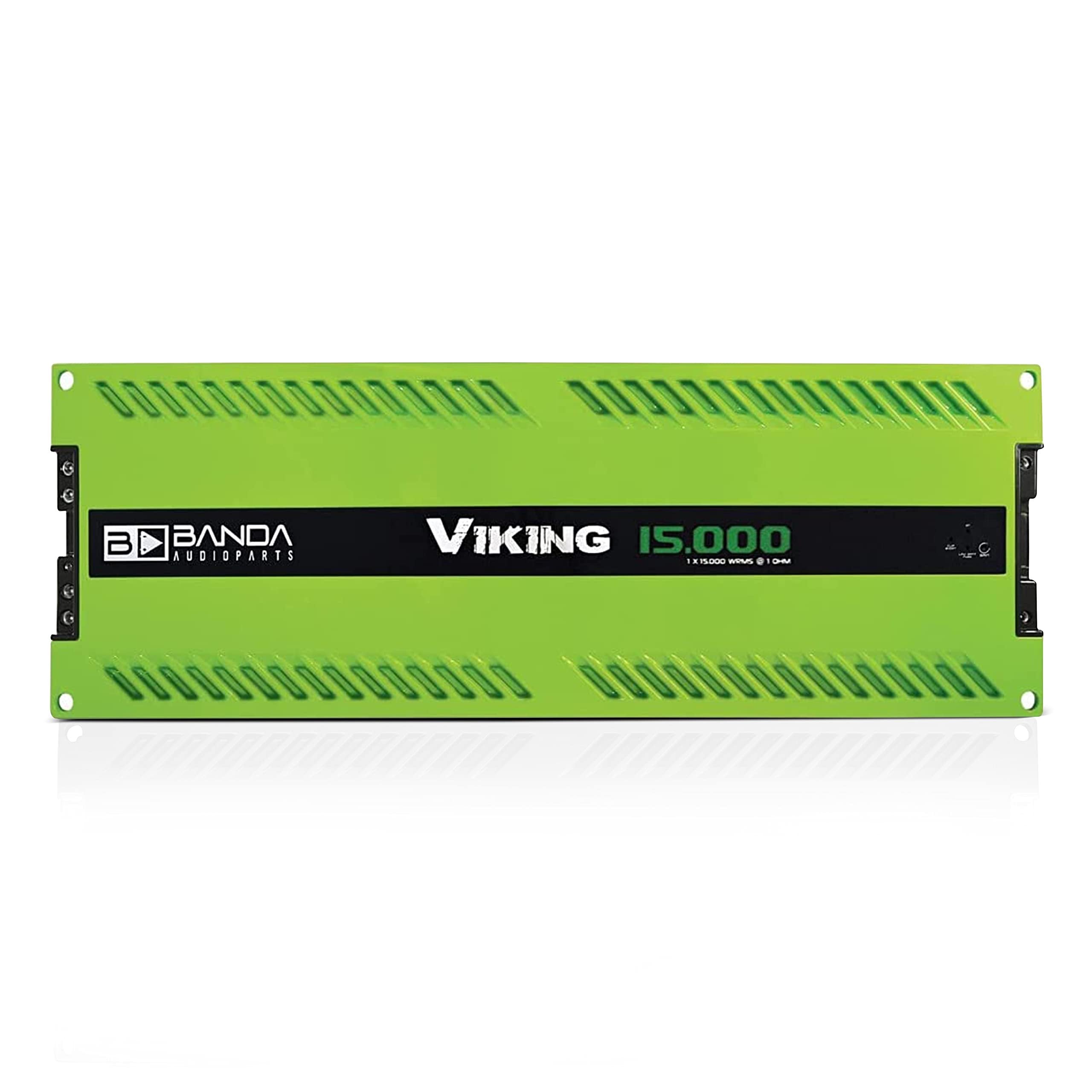 Banda Audioparts 1-Channel Vehicle Audio Bass Amplifier High Powered Mono Bass Amplifier w/Subsonic Filter & Low Pass Filter Stable at 1ohm,LED Indicators,Sound Specialization,Green-VIKING15000GREEN