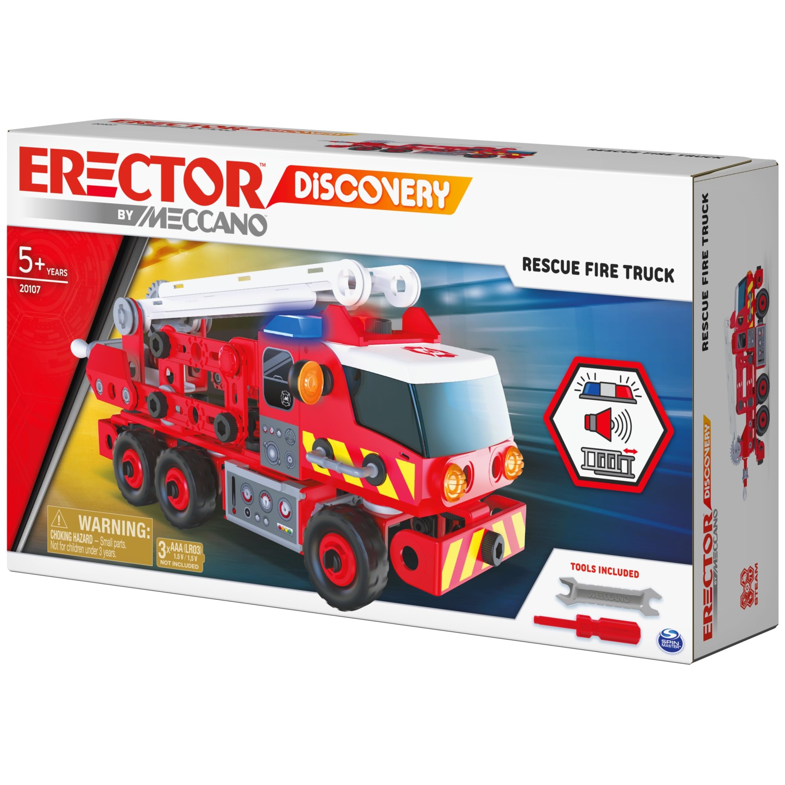Meccano Fire Truck Toy Model Car Kit (152 pcs): Battery-Powered Siren Sound, Lights & Swiveling Ladder (Ages 5+) STEAM Vehicle Building Set with 2 Kid Construction Tools, 150 Snap-in Parts & Stickers