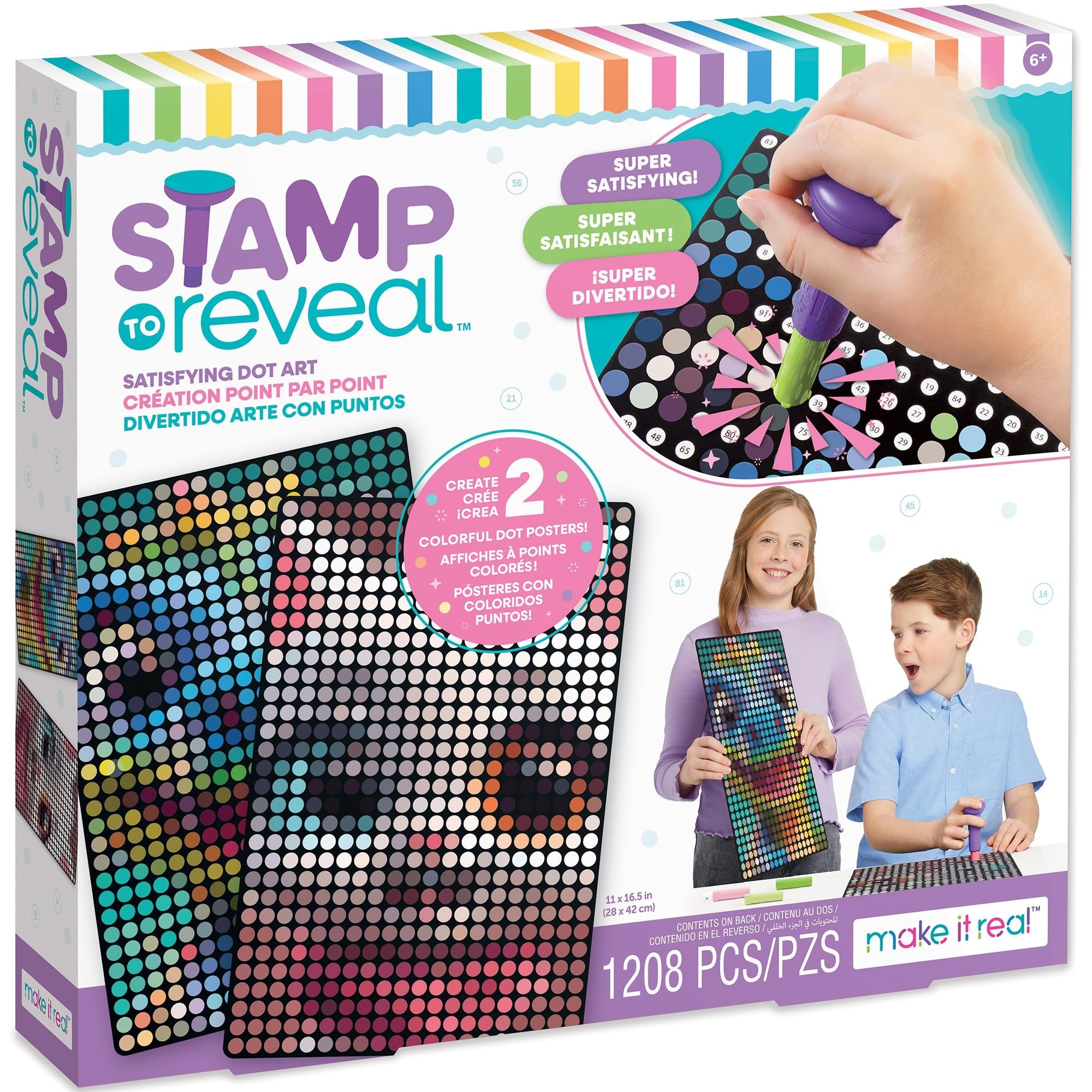 Make It Real: Stamp to Reveal: 2 Characters - Cool Cat & Smily Dino - DIY 2 Dot Posters, 11 x 16.5, Craft Kit, Artwork Activity, Girls & Kids Ages 6+
