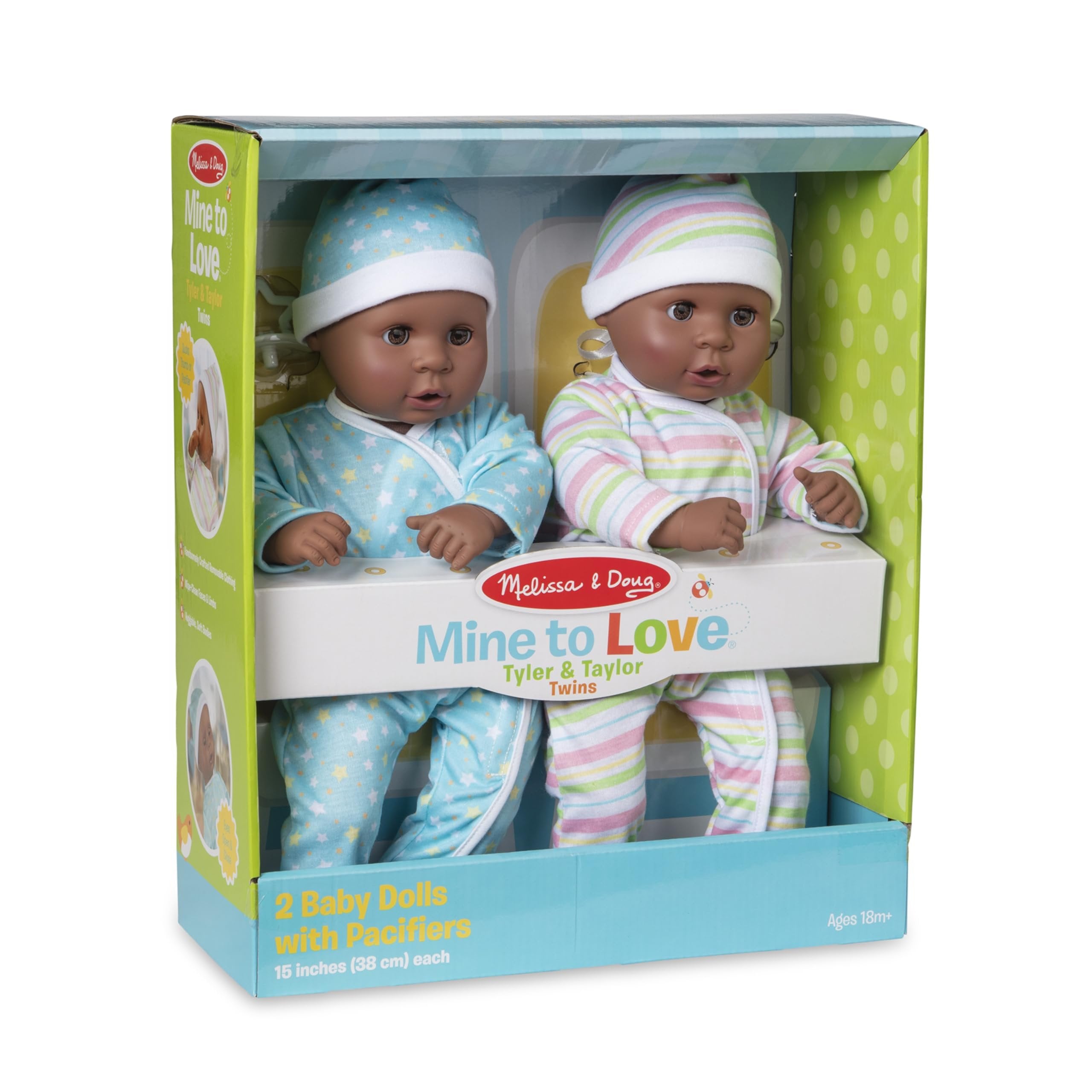 Melissa & Doug Mine to Love Twins Tyler & Taylor 15” Dark Skin-Tone Boy and Girl Baby Dolls with Rompers, Caps, Pacifiers