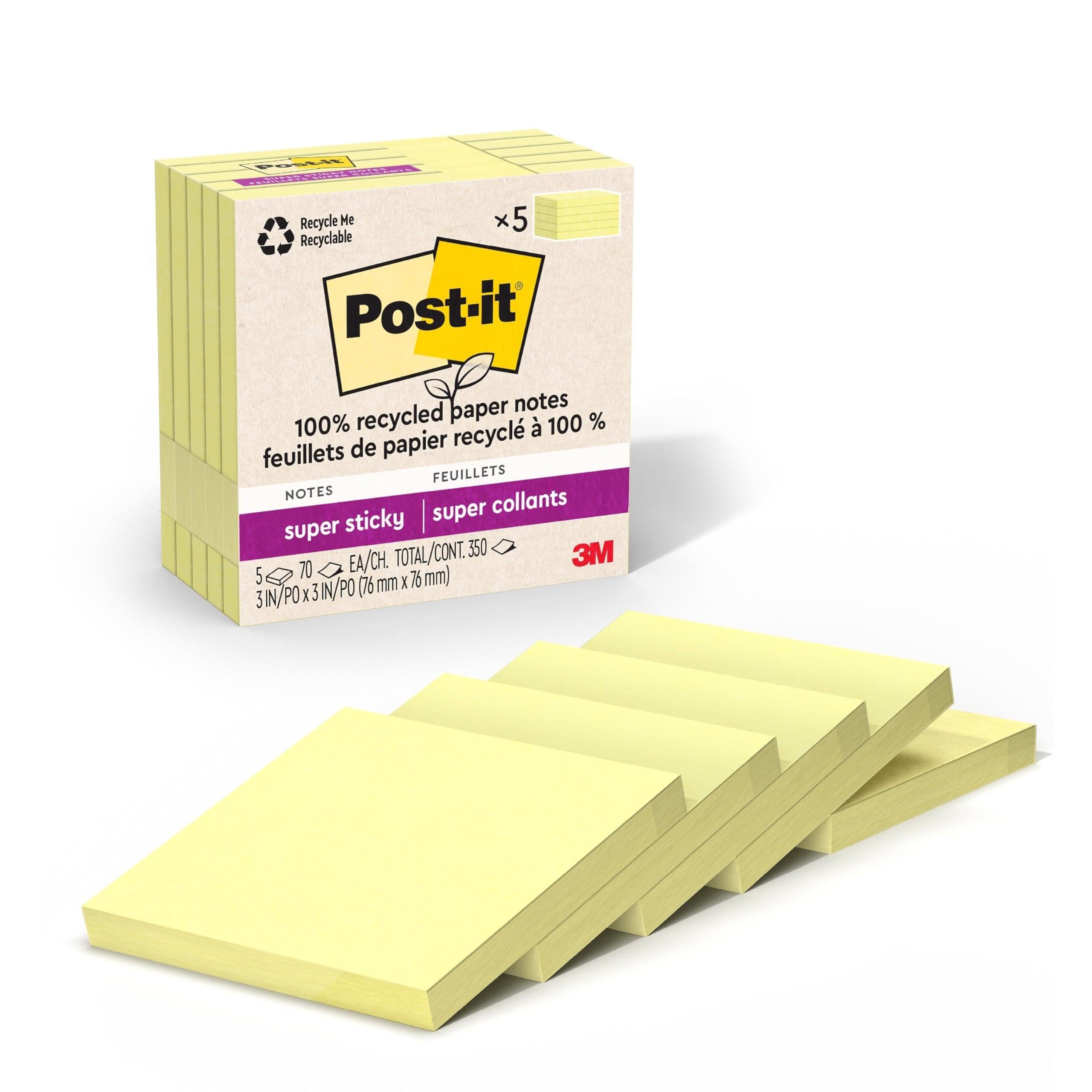 Post-it 100% Recycled Paper Super Sticky Notes, Canary Yellow, 3 in. x 3 in., 5 Sticky Note Pads, 70 Sheets per Pad, School Supplies and Office Products