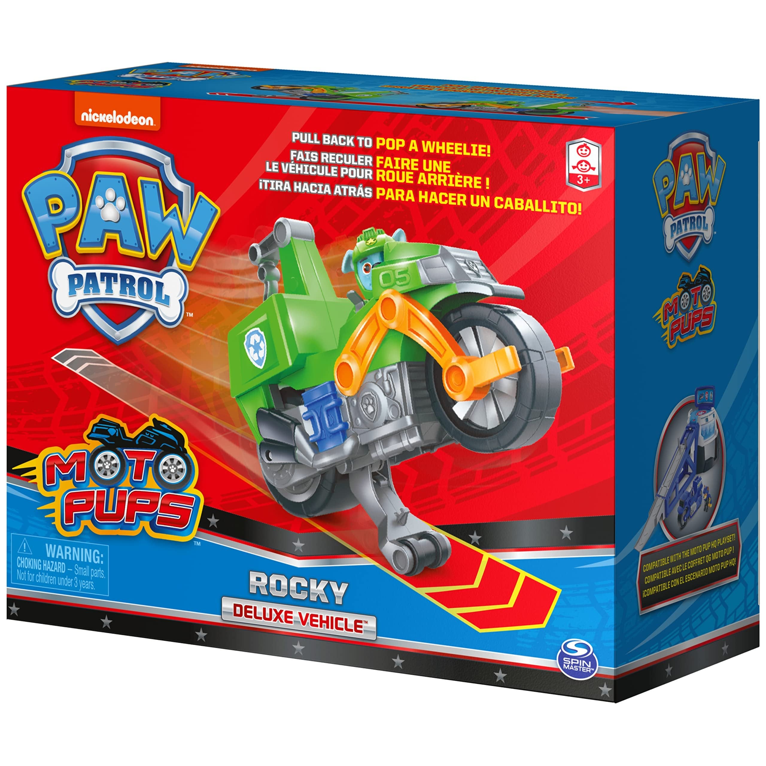 Paw Patrol, Moto Pups Rocky’s Deluxe Pull Back Motorcycle Vehicle with Wheelie Feature and Toy Figure