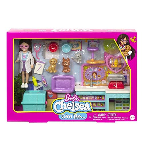 Barbie Doll & Playset with Accessories, Chelsea Can Be Pet Vet Set with Brunette Small Doll, 4 Animals & 18 Pieces