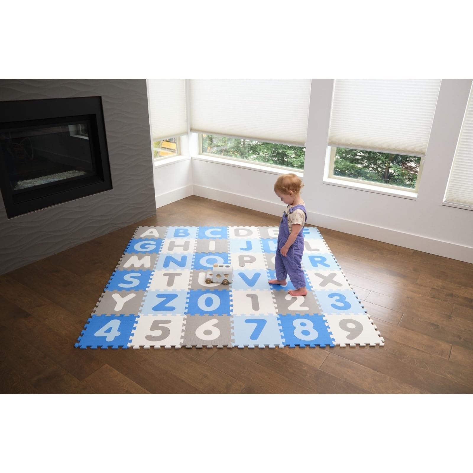 Tadpoles Foam Playmats for Kids, 36 Interlocking Tiles Teach the ABCs and Numbers 0-9, Total Floor Coverage 74” x 74” (36 Sq Ft), For Ages 3 and Up, Colors: Blue/Grey