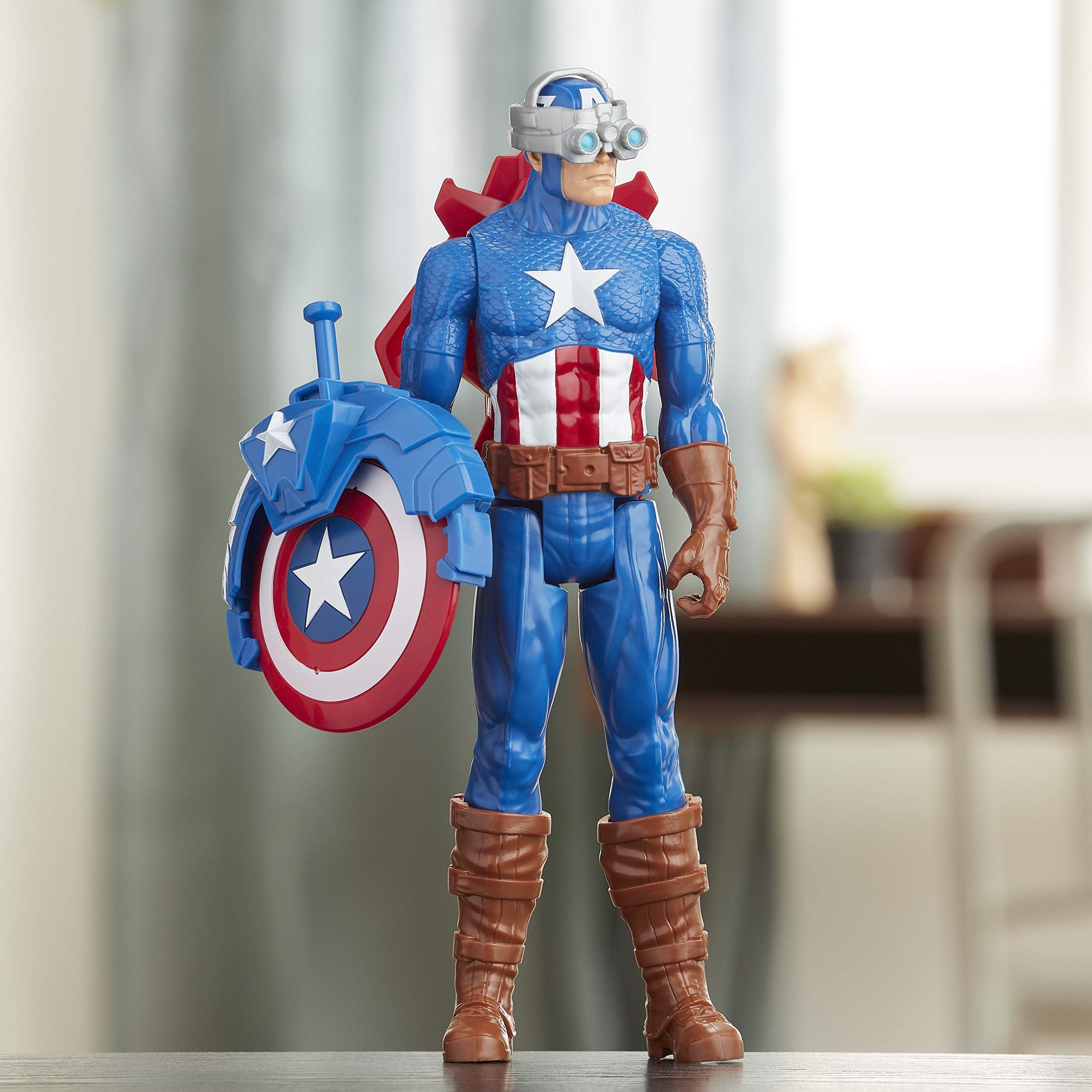 Avengers Marvel Titan Hero Series Blast Gear Captain America, 12-Inch Toy, with Launcher, 2 Accessories and Projectile, Ages 4 and Up , Blue