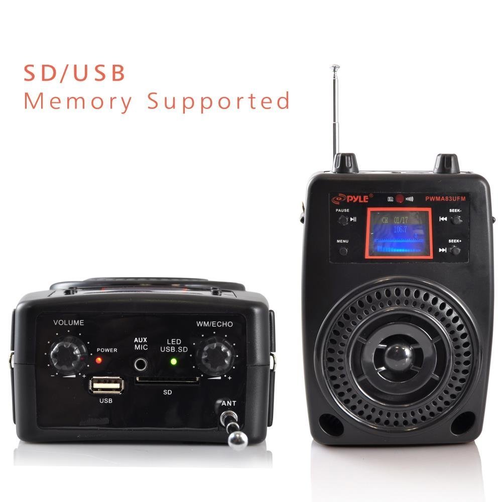 Pyle Portable PA System, Wireless Microphone Kit, Compact Stereo System, FM Radio, LCD Display, USB, Rechargeable Battery, includes Lavalier Microphone Headset, Outdoor Surround Sound (PWMA83UFM)