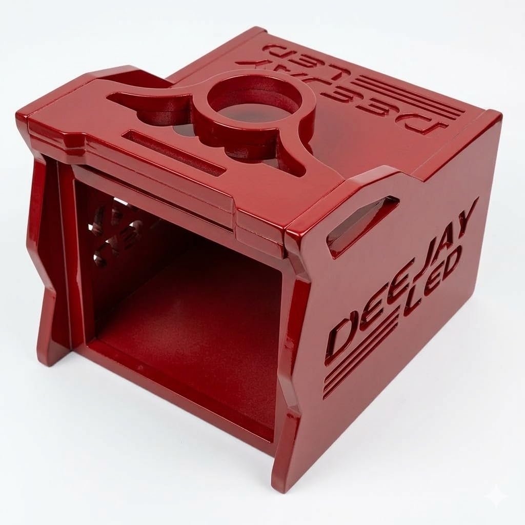 DEEJAY LED TBH1DIN3EQRED One Din Two EQ Wooden Case, Light Brown MDF Car Audio Controller Housing with 2.5" Cup Holder, 1 DIN EQ Wooden Box, Custom Wooden Case for Equalizer, 2.5 DIN Space - Red